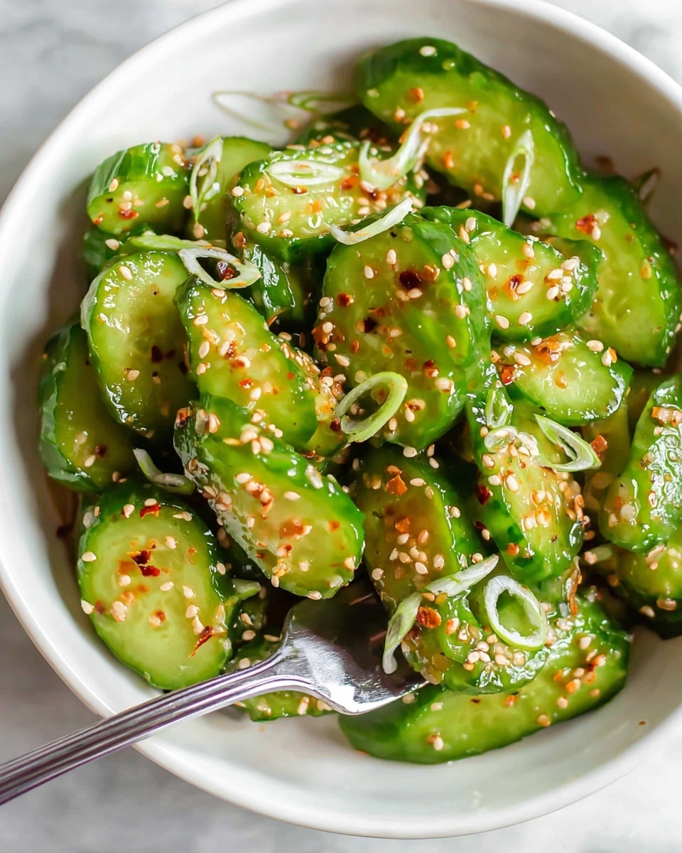 This image shows a close-up of a cucumber salad served in a white bowl. The salad features several thick slices of bright green cucumber with visible seeds and a shiny, moist texture, arranged in a loose pile. The cucumbers are coated with a glossy dressing that has small red chili flakes and sesame seeds sprinkled evenly throughout. Thinly sliced green onion pieces are scattered on top, adding pops of color and texture. A silver fork is placed on the right side of the bowl, piercing a cucumber slice. The background is a white marbled texture. photo taken with an iphone --ar 4:5 --v 7