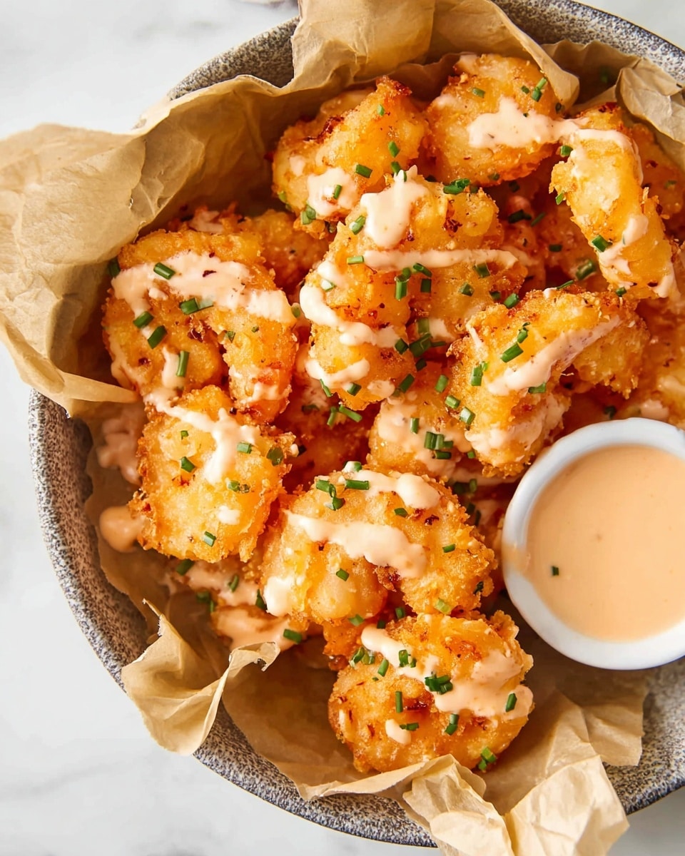 A bowl filled with a single layer of golden-orange crispy fried shrimp, each piece coated with a light, crunchy batter that has a slightly bumpy texture; the shrimp are drizzled with a pale pink creamy sauce and sprinkled with small bright green chives. The bowl is lined with crumpled brown parchment paper, and a small white container with light orange dipping sauce sits at the bowl's edge. The bowl is placed on a white marbled surface. photo taken with an iphone --ar 4:5 --v 7