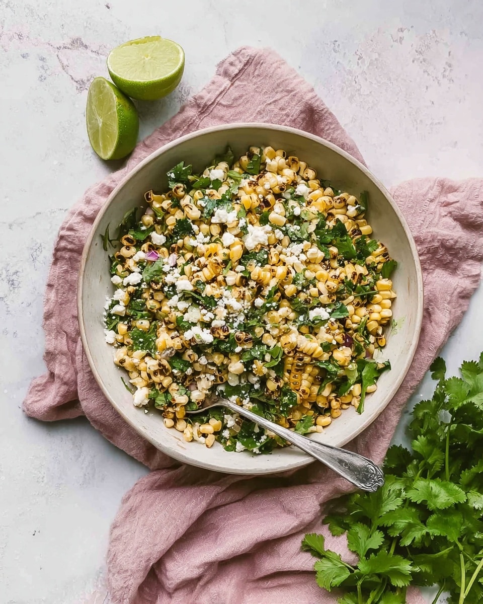A white bowl filled with a mixed corn salad showing grilled yellow corn kernels as the main layer, with fresh green chopped herbs spread throughout and white crumbly cheese sprinkled on top. Two lime halves, one whole and one cut, rest on the left side of the bowl. A silver spoon is placed inside the bowl with the handle resting on the edge. The bowl sits on a soft pink cloth on a white marbled surface. To the right of the bowl, fresh green cilantro leaves are visible. Photo taken with an iphone --ar 4:5 --v 7