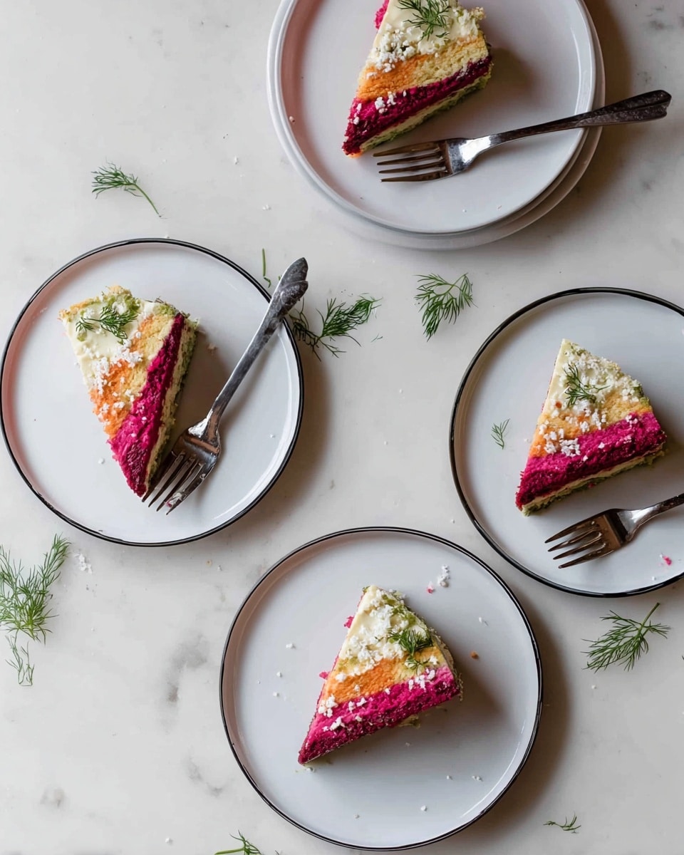 The image shows four slices of a layered salad on white plates with a thin black rim, arranged on a white marbled surface. Each slice has visible layers: the bottom layer is dark pink, the middle layer is orange-red, and the top layer is creamy light yellow, garnished with small green dill sprigs and some white crumbs. Two slices have a woman's hand near them holding a fork, while two other forks rest on plates beside the salad. Scattered dill sprigs are seen on the surface around the plates. photo taken with an iphone --ar 4:5 --v 7