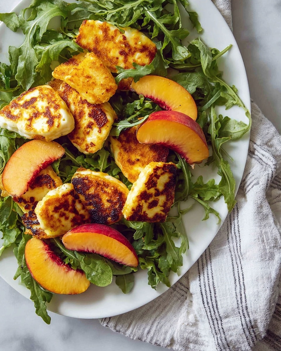 The dish is served on a white plate featuring a base layer of fresh green arugula leaves, which are scattered unevenly across the surface. On top, there are several golden-brown grilled cheese pieces with a crispy texture, showing some char marks. Interspersed with the cheese are thick, juicy peach slices that have a vibrant orange-yellow color with a hint of red on the skin side. The plate rests on a white marbled surface with a striped cloth nearby, adding a casual and fresh touch to the presentation. photo taken with an iphone --ar 4:5 --v 7