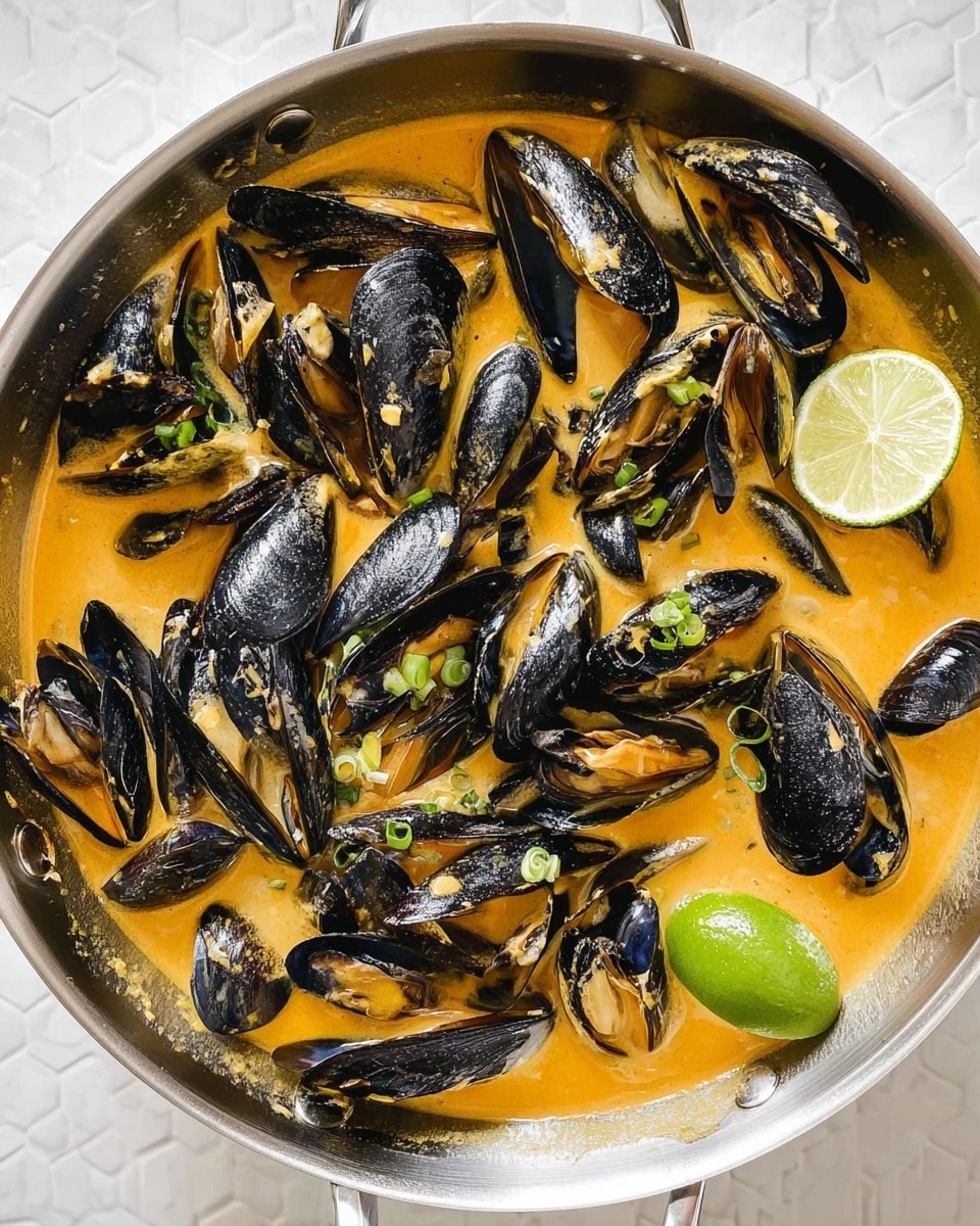 A top view of a silver pan filled with cooked mussels in a creamy, orange-colored sauce with visible small chopped green onions. The mussels are dark blue-black with some shells slightly open, showing the light beige inside. On the right side of the pan, a squeezed lime half rests partially in the sauce. The pan is placed on a white marbled textured surface. photo taken with an iphone --ar 4:5 --v 7