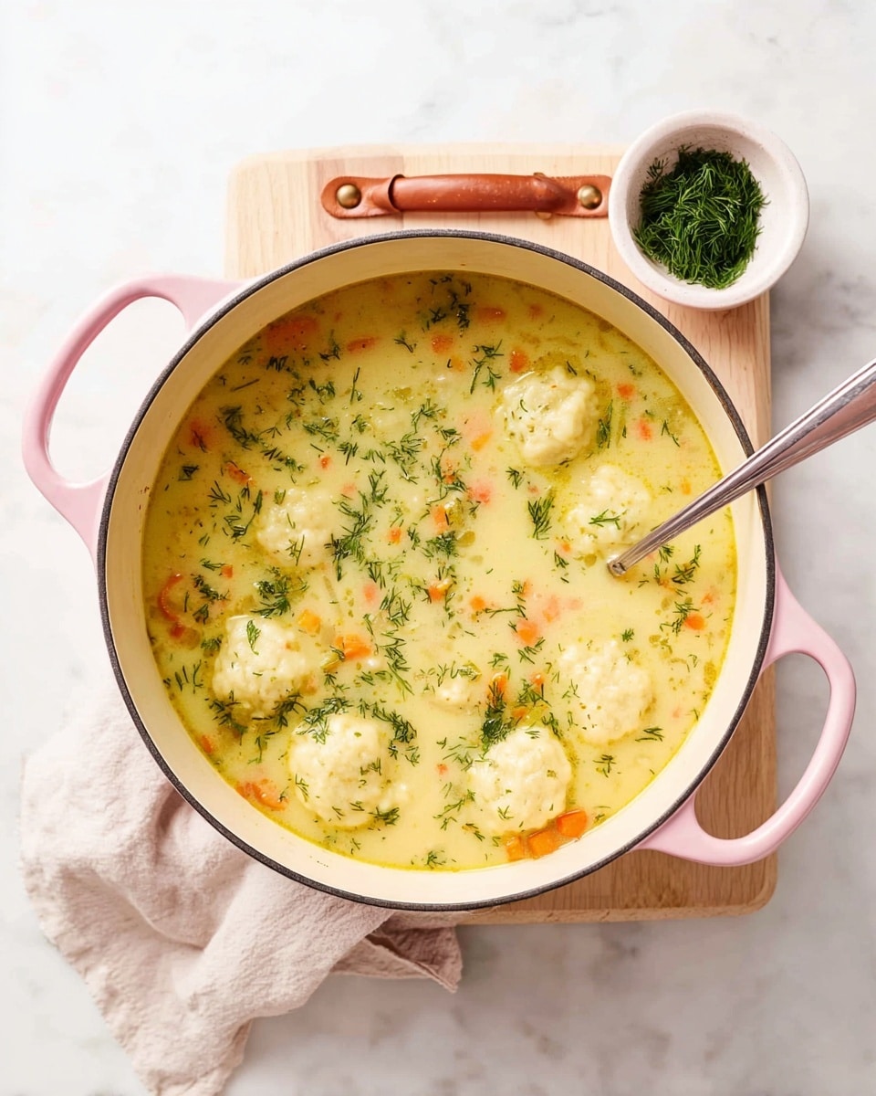 A pink pot with two handles holds a creamy yellow soup filled with soft white dumplings, small orange carrot pieces, and sprinkled bright green dill leaves evenly spread on top. Inside the soup, the texture looks smooth with small bits of herbs and vegetables floating. A silver spoon rests inside the pot. Next to the pot, on a light wooden cutting board with leather strap, there's a small white bowl filled with more fresh green dill. The whole setup is placed on a white marbled surface with a light-colored cloth peeking from the corner. photo taken with an iphone --ar 4:5 --v 7