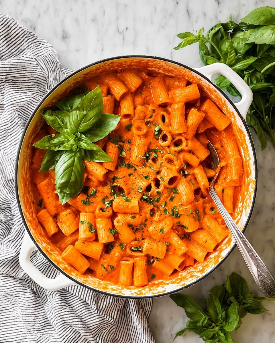 A white round pot filled with rigatoni pasta coated in thick, creamy orange-red tomato sauce, garnished with small pieces of chopped green herbs scattered over the top. On the left side of the pasta sits a small bunch of fresh basil leaves, adding a bright green contrast. The inside edges of the pot show some sauce smudges. A silver spoon is partially buried in the pasta on the right side. The pot rests on a white marbled surface, next to a striped gray and white cloth and additional fresh basil leaves nearby, with green leafy stems in the upper right corner. Photo taken with an iphone --ar 4:5 --v 7
