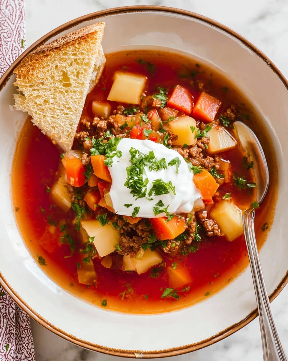 A white bowl with a brown rim holds a vibrant soup with clear red broth. In the center, there is a mound of diced orange carrots, light beige potatoes, and minced brown meat mixed together. On top of this, a dollop of white sour cream is placed, garnished with small bright green leaves of parsley. A piece of torn light golden bread rests on the left edge of the bowl, and a silver spoon is placed on the right side. The bowl sits on a white marbled surface. photo taken with an iphone --ar 4:5 --v 7