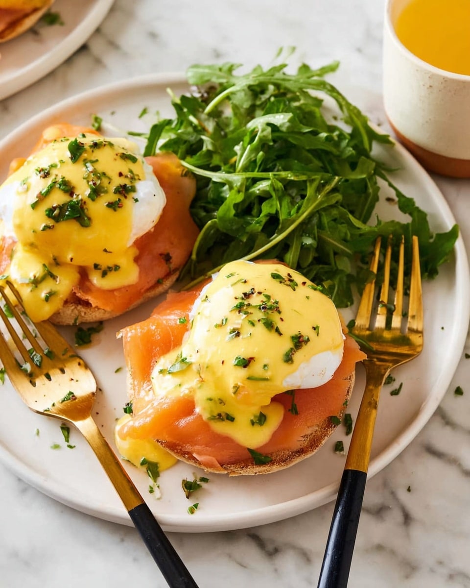A white plate holds two eggs Benedict servings, each with three layers: a base of toasted English muffin in light brown, topped with pink smoked salmon, then a white poached egg covered in creamy yellow hollandaise sauce sprinkled with small green herbs. On the side, there is a small pile of fresh green arugula leaves. Two gold forks with black handles rest on the plate’s edge. The plate sits on a white marbled surface, and part of a yellow drink in a white cup with a thin brown rim is visible at the top right. Photo taken with an iphone --ar 4:5 --v 7