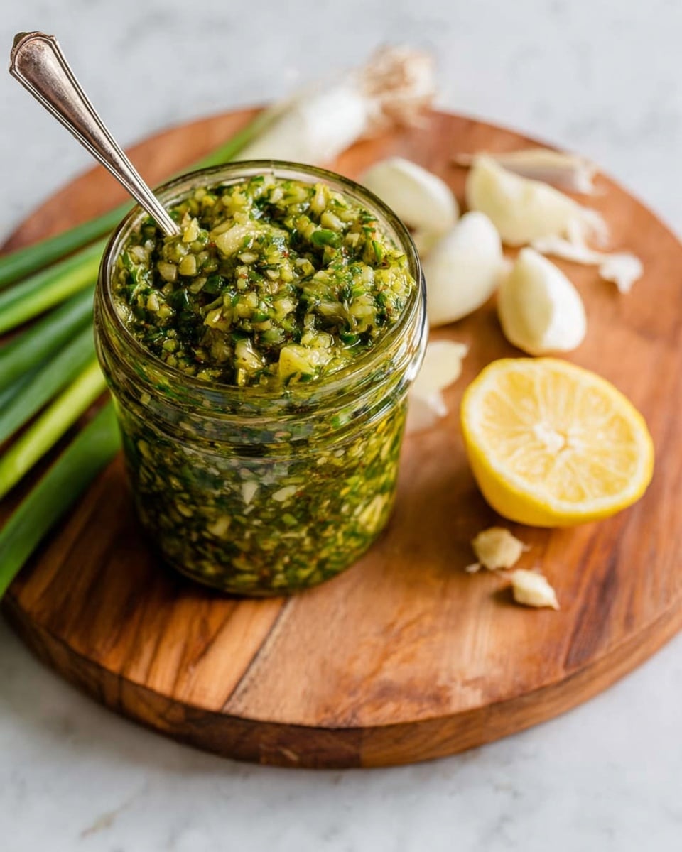 A clear glass jar filled to the top with a chunky green sauce, showing small pieces of herbs, garlic, and other finely chopped ingredients. A spoon rests inside the jar. The jar sits on a round wooden board with a natural brown color and visible wood grain. Next to the jar on the board, there are white whole and sliced scallions and a yellow halved lemon with its inside exposed. The whole scene is set on a white marbled surface. photo taken with an iphone --ar 4:5 --v 7