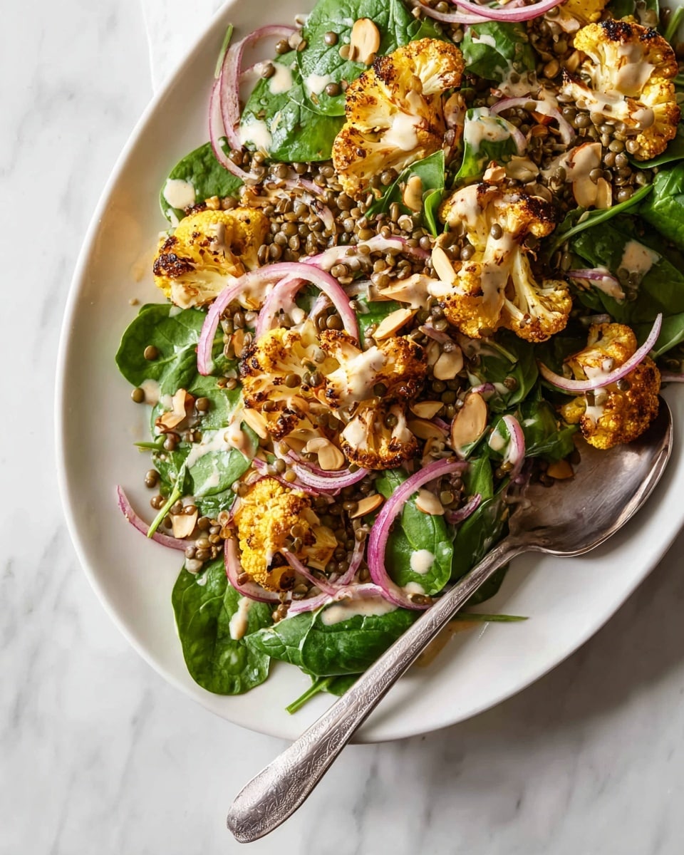 The dish is a fresh salad served on a white oval plate placed on a white marbled surface. The base layer consists of bright green spinach leaves scattered throughout. On top, there are golden roasted cauliflower florets spread evenly, showing slight charring at the edges. Thin rings of purple-red onion are layered over the salad. Small green lentils add another layer of texture and color, sprinkled generously. Sliced almonds are scattered on top, adding a light beige contrast. The salad is dressed with a light creamy sauce drizzled gently. A silver fork rests on the right side of the plate. photo taken with an iphone --ar 4:5 --v 7