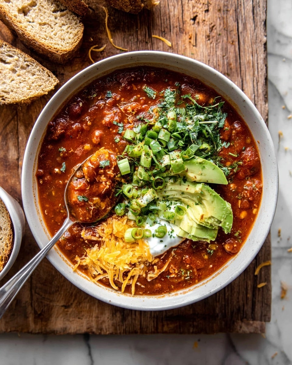 A white bowl filled with a thick, rich red chili with visible chunks of meat and beans, topped with a mixture of finely chopped green onions and fresh cilantro on one side, with creamy slices of avocado arranged in the center, a dollop of white sour cream beneath the greens, and sprinkles of shredded bright orange cheddar cheese on the right. A silver spoon rests inside the bowl, partially submerged in the chili. To the upper left of the bowl, pieces of buttered brown bread are placed on a rustic wooden surface, some crumbs scattered around. The background is a white marbled texture. photo taken with an iphone --ar 4:5 --v 7