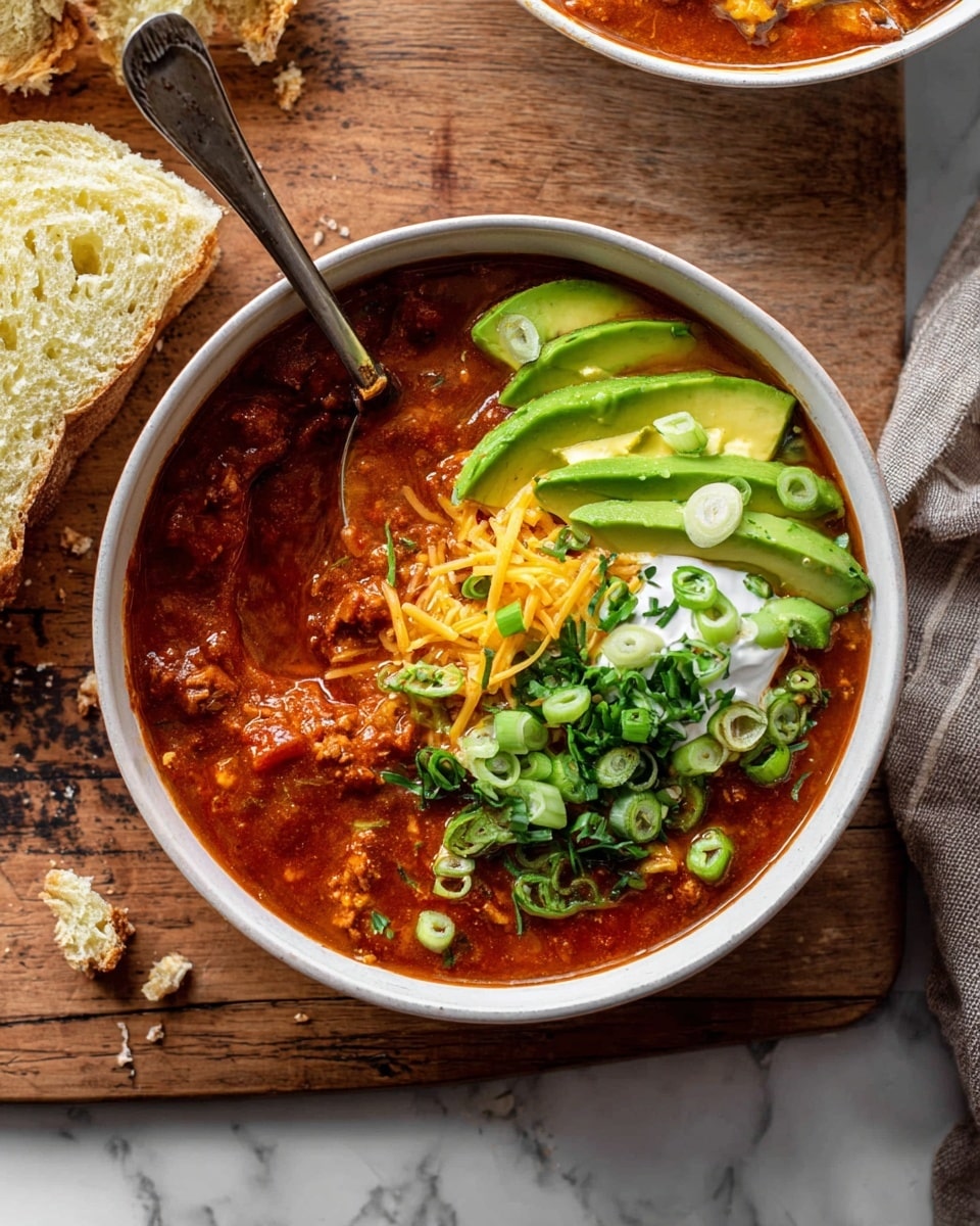 A white bowl filled with thick red chili, rich in texture with visible chunks of meat. On top, several slices of fresh green avocado are neatly placed on one side. Next to the avocado is a dollop of white sour cream, partially covered by abundant light green chopped scallions spread over the top. Bright orange shredded cheddar cheese adds a pop of color around the sour cream. A silver spoon rests inside the bowl, partially submerged in the chili. To the left, a piece of buttered bread rests on a rustic wooden board, with a chunk broken off and crumbs scattered around. The background is a white marbled texture. photo taken with an iphone --ar 4:5 --v 7