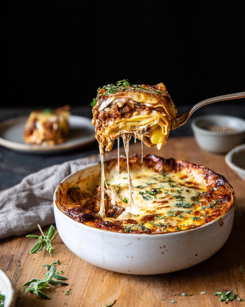 A white bowl holds a baked lasagna with a golden-brown cheese crust on top, scattered with fresh green herbs. A fork lifts a cheesy, saucy bite, showing layers of melted cheese stretching and the rich red tomato sauce beneath, along with bits of browned meat and vegetables. The lasagna layers show a mix of creamy white cheese, red sauce, and a slightly crisped top layer of golden cheese. The bowl is set on a light wooden surface with scattered green herbs around and a small plate with pepper nearby, all against a dark background. photo taken with an iphone --ar 4:5 --v 7