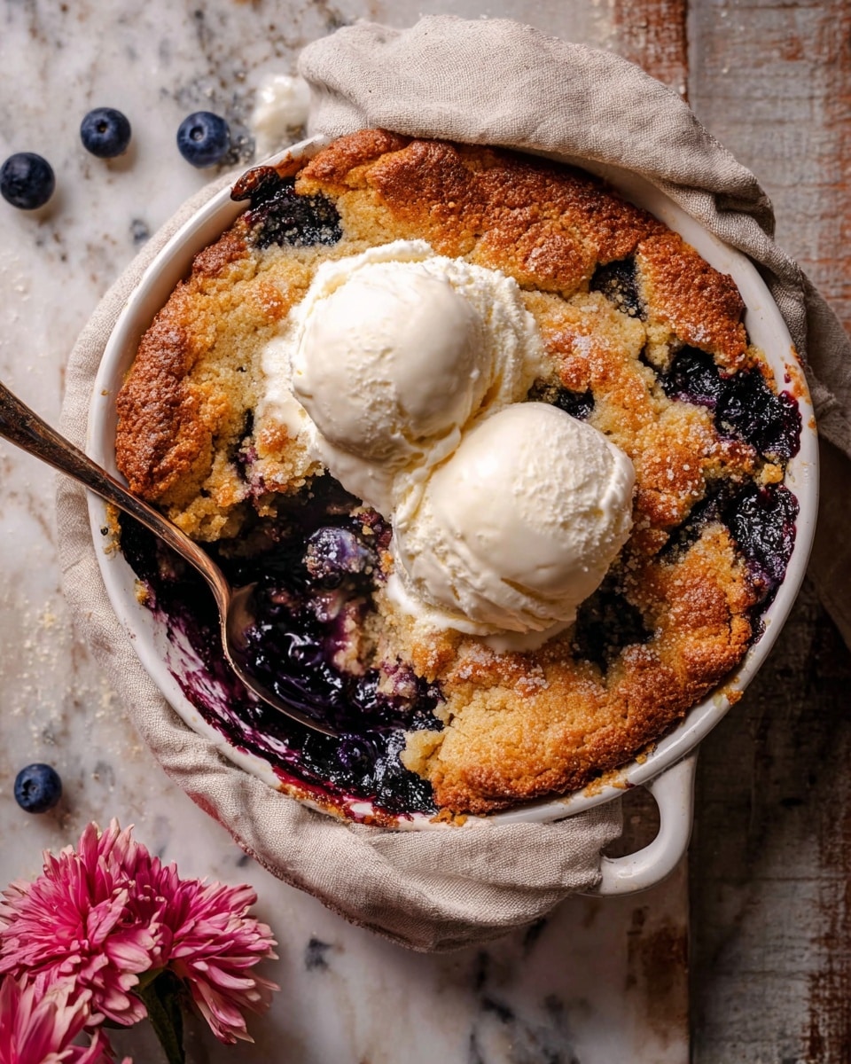A warm golden-brown cobbler with a rough, crisp top layer cracks open to show a dark purple-blue fruit filling beneath. Two creamy white scoops of melting vanilla ice cream sit on the fruit, with soft white cream pooling around them. The cobbler is served in a white dish with a handle, wrapped in a soft beige cloth. A few scattered blueberries and a pink flower sit near the dish on a white marbled surface. photo taken with an iphone --ar 4:5 --v 7