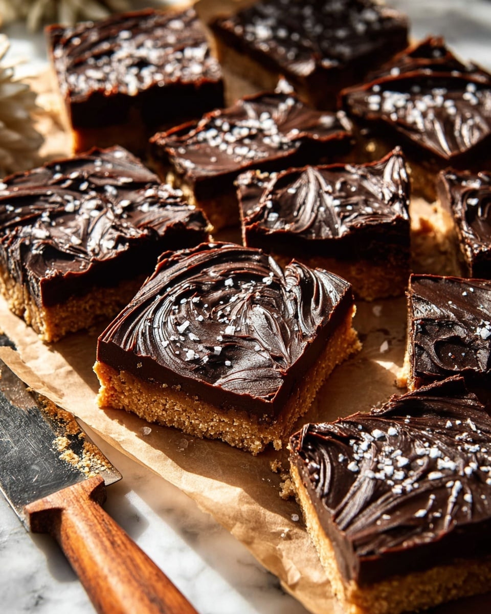 The image shows multiple square pieces of a dessert bar placed on a sheet of parchment paper over a white marbled surface. Each piece has two layers: a thick, golden brown base with a crumbly texture, topped with a thick, glossy dark chocolate layer that has swirling patterns and is sprinkled with coarse sea salt crystals. The edges of the bars are cleanly cut, and the bars are arranged closely together. A wooden-handled knife lies next to the bars on the left side. Light is coming from the left, casting soft shadows and highlighting the shiny texture of the chocolate topping. photo taken with an iphone --ar 4:5 --v 7