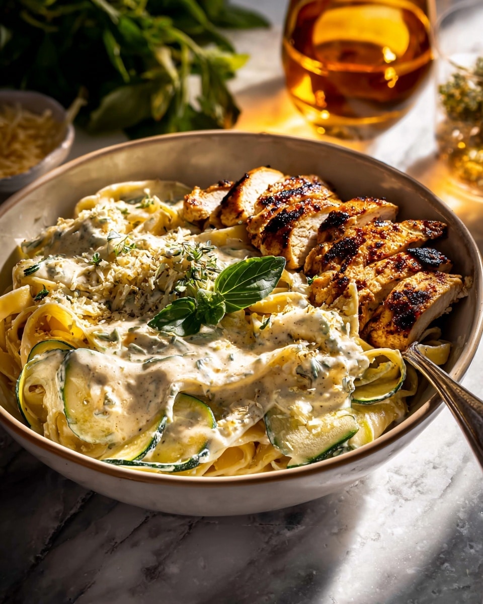 A white bowl filled with creamy pasta as the base layer, coated in a rich white sauce with visible flecks of herbs. Inside the pasta, there are thin, pale green slices of zucchini mixed throughout. On top of the pasta, several slices of grilled chicken with a golden brown, charred exterior are carefully placed towards the back right side of the bowl, drizzled with a light creamy sauce. A small green basil sprig sits in the middle of the bowl as garnish. A silver fork rests on the right side of the bowl, partially inserted into the pasta. The scene is set on a white marbled surface, with soft shadows and warm light that highlights the dish’s textures. In the background, there is a blurred amber-colored glass and some green leafy herbs. photo taken with an iphone --ar 4:5 --v 7