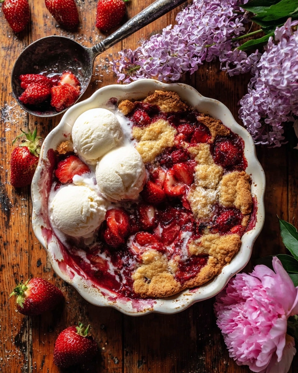 A round white bowl with scalloped edges holds a strawberry cobbler topped with a golden-brown baked crust embedded with whole and halved bright red strawberries, showing a mix of juicy red syrup and slightly crispy dough. Two creamy white scoops of melting vanilla ice cream sit on the left side, with some melting ice cream pooling around the fruit and crust. The bowl is placed on a wooden surface with scattered fresh strawberries and an old-fashioned metal ice cream scoop holding a halved strawberry nearby. Light purple lilac flowers and a pink peony bloom are arranged on the right side. photo taken with an iphone --ar 4:5 --v 7
