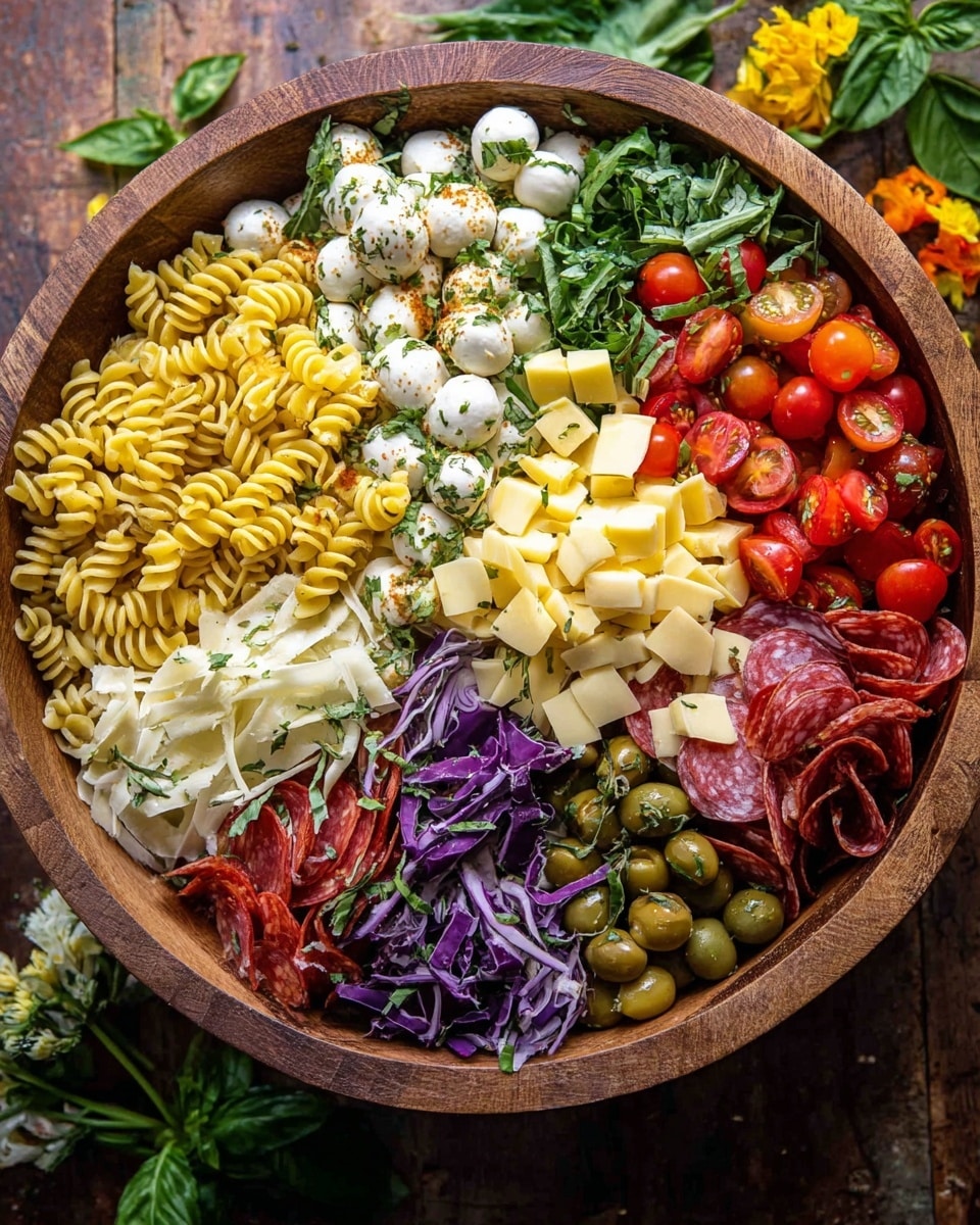 A large wooden bowl holds a colorful pasta salad arranged in sections. Starting from the left, there are yellow spiral pasta with a bright yellow vegetable mixed in, next to small white mozzarella balls sprinkled with herbs. To the right, vibrant halved red cherry tomatoes sit above the mozzarella. Further right are cubed yellow cheese pieces arranged neatly next to a bright green leafy herb. In the center, there are thin slices of white cheese topped with green basil leaves. Below the cheese, there is shredded purple radicchio and folded slices of red pepperoni. Around the bowl edges, there are green olives and thin strips of dark salami. The wooden bowl rests on a brown wooden surface with some green basil leaves and flowers slightly visible on the edge. Photo taken with an iphone --ar 4:5 --v 7
