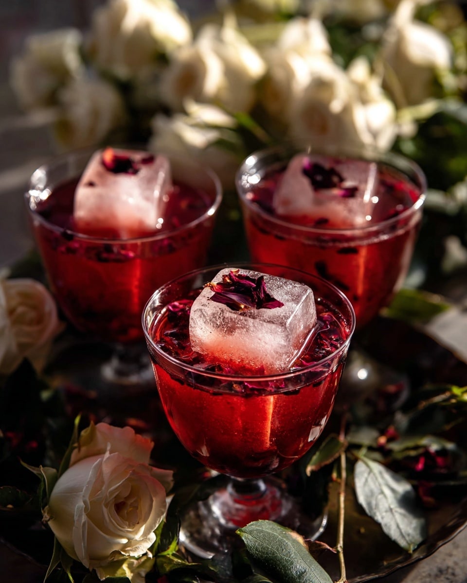 Three clear stemmed glasses each hold a deep red cocktail with a large clear ice cube topped with a small dark red dried flower petal floating on top. The red liquid has small red seeds or bits suspended inside. The glasses are arranged on a dark surface, surrounded by white roses with green leaves laying around them. The background is softly out of focus with more white roses behind. The scene is lit with warm light highlighting the red drink and the delicate texture of the flowers. photo taken with an iphone --ar 4:5 --v 7