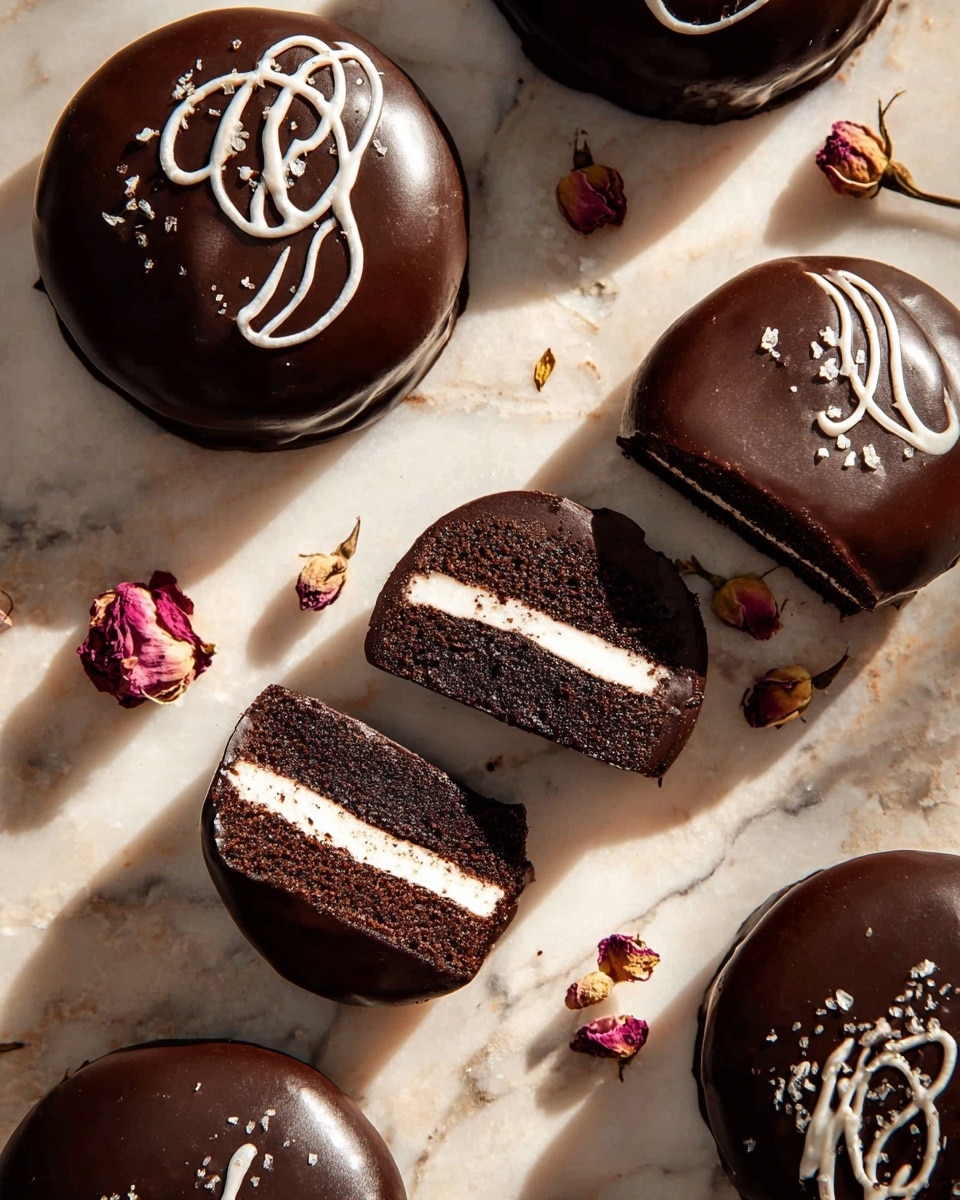 Round chocolate cakes are shown on a white marbled texture, each coated with a smooth, shiny dark chocolate layer and decorated with a thin, white icing swirl on top. One cake is cut in half, revealing three inner layers: a dark chocolate cake layer outside, a creamy white filling in the middle, and another dark cake layer at the bottom. Some small dried rosebuds and petals are scattered around the cakes, adding a touch of color. The overall lighting creates soft shadows, highlighting the glossy texture of the chocolate coating. photo taken with an iphone --ar 4:5 --v 7
