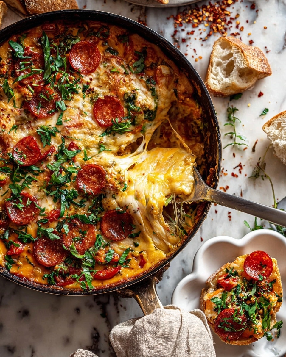A black pan filled with a cheesy baked dish with three visible layers: the bottom layer has a mix of cooked vegetables in orange and yellow hues, the middle layer is thick melted yellow cheese stretching with strings lifted by a silver serving spatula, and the top layer has bright green chopped herbs and several round deep red slices of pepperoni. To the right, a white flower-shaped plate holds a piece of crusty bread topped with melted cheese, pepperoni, and green herbs. The pan and plate rest on a white marbled surface scattered with red chili flakes and a torn piece of crusty bread. A woman’s hand holding a cloth is visible at the bottom right corner photo taken with an iphone --ar 4:5 --v 7