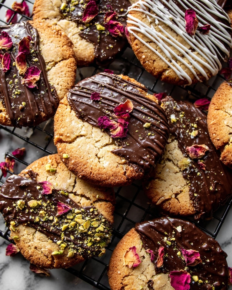 The image shows several round cookies arranged closely on a black cooling rack, placed over a white marbled surface. Each cookie has a golden-brown base with a slightly rough texture, some appearing cracked or broken. Half of each cookie is decorated with glossy dark chocolate drizzled in thin lines, while one cookie in the upper right has white chocolate drizzle instead. Some cookies have extra toppings: one is sprinkled with coarse salt flakes, another with finely chopped green pistachios, and several are garnished with small, dried red rose petals scattered both on and around the cookies. The scene is brightly lit, highlighting the rich contrasts between the light cookie dough, shiny chocolate, and colorful garnishes. Photo taken with an iphone --ar 4:5 --v 7