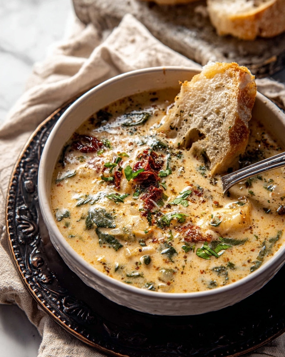 A white bowl filled with creamy, thick soup that has a light beige color with visible chunks of vegetables and herbs like green spinach and dried red tomatoes floating on top. The soup is garnished with fresh green herbs and has a slightly textured surface with small bubbles. A spoon is partially dipped in the soup with a triangular piece of crusty bread, golden brown with an airy inside, resting on it. The bowl sits on a dark ornate plate on a beige cloth, set against a white marbled textured background. Photo taken with an iphone --ar 4:5 --v 7