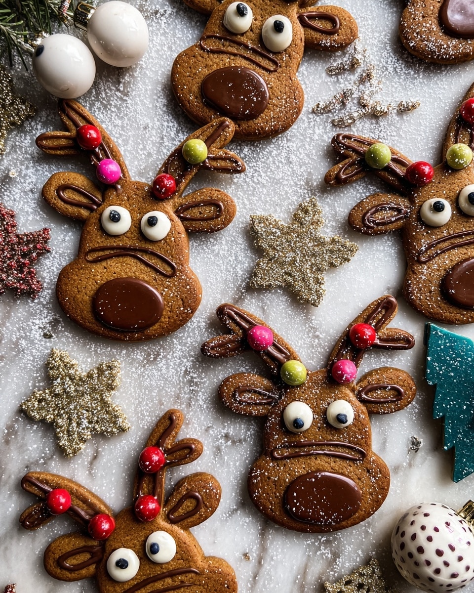The image shows several reindeer-shaped gingerbread cookies on a white marbled surface dusted with powdered sugar, each cookie decorated with two large white candy eyes, smooth shiny chocolate icing forming the face and ears, and thin dark chocolate lines for the antlers, which are adorned with small colorful round candy beads in red, green, yellow, and pink. The cookie edges are golden brown with a slightly textured surface. Around the cookies, there are festive decorations including glittery gold snowflakes, white Christmas ornaments with red and black bead detailing, and a small blue-green decorative tree. The overall setup has a warm and festive look, with the cookies arranged in a casual pattern and some powdered sugar swirls on the surface. photo taken with an iphone --ar 4:5 --v 7