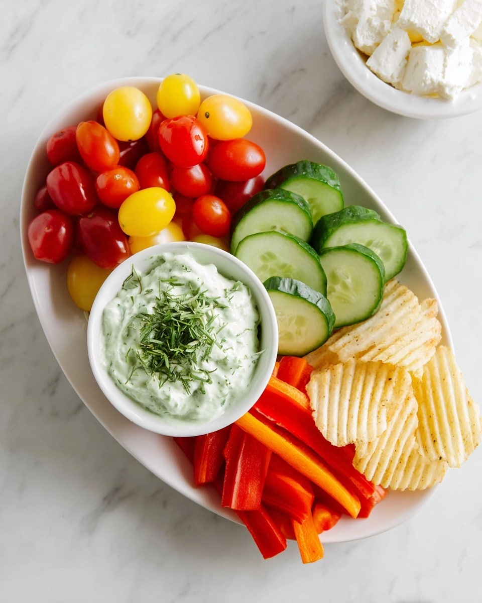 A white oval plate holds a colorful arrangement of fresh vegetables and chips around a small white bowl of creamy green dip garnished with chopped herbs. Starting from the top left, there is a cluster of red and yellow cherry tomatoes, below them are bright green cucumber slices with visible seeds and a fresh texture. Next, there are red and orange bell pepper sticks stacked neatly on the right side. On the far right, a small pile of ridged, pale yellow potato chips rests beside the bowl. In the background, part of a white bowl with white cottage cheese is seen on a white marbled surface. Photo taken with an iphone --ar 4:5 --v 7