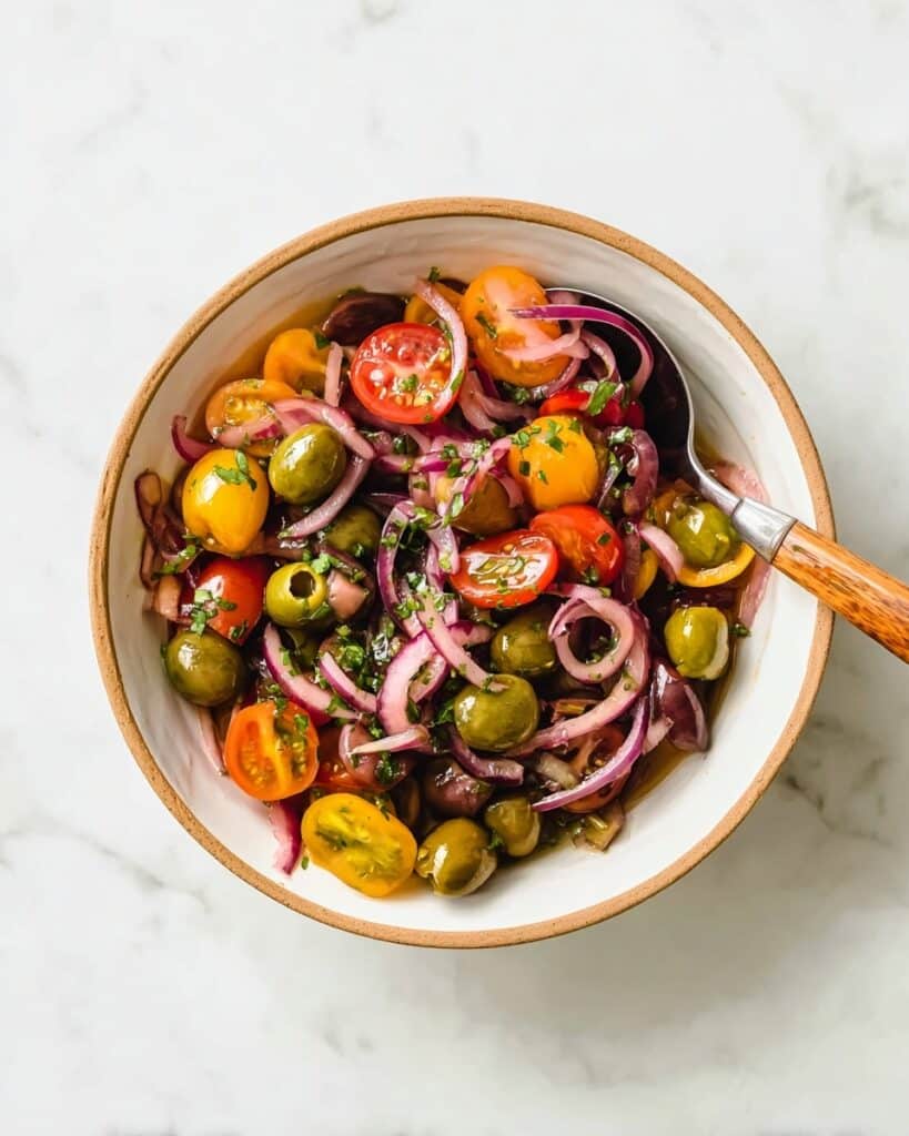 Easy Fried Halloumi with Tomato and Olive Salad Recipe
