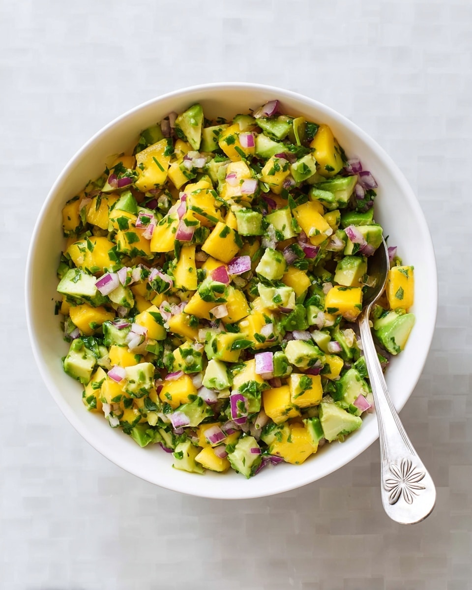 A white bowl filled with a colorful mix of diced mangoes, avocado, red onions, and green herbs. The pieces are all small and mixed evenly, showing bright yellow from the mango, light green from the avocado, purple from the onions, and dark green from herbs. A silver spoon with a simple floral design is placed inside the bowl on the right side, resting among the ingredients. The bowl sits on a white marbled textured surface with soft lighting highlighting the fresh colors. photo taken with an iphone --ar 4:5 --v 7