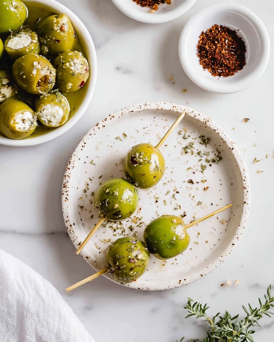 The image shows two gold skewers each with three large green olives stuffed with creamy white cheese, placed on a round speckled white plate. The olives have a glossy texture with some seasoning sprinkled on them. To the top left, there is a white bowl filled with more of the same stuffed olives in light oil, also sprinkled with herbs. At the top right, a small white bowl contains a dark reddish-brown spice blend, scattered lightly around its sides. The setting is on a white marbled surface with a sprig of green herb near the bottom right and a soft white cloth slightly visible at the bottom center. Photo taken with an iphone --ar 4:5 --v 7