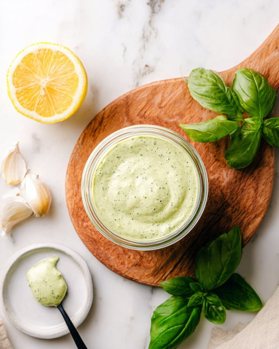 A clear glass jar filled with a creamy light green sauce with small dark green specks sits on a round wooden board at the center. To the left, a half lemon with bright yellow flesh rests on a white marbled surface with some garlic cloves nearby. Fresh green basil leaves are placed next to the wooden board on the right side. In the lower left corner, a small white plate holds a dollop of the same green sauce with a black spoon dipped in it. Photo taken with an iphone --ar 4:5 --v 7