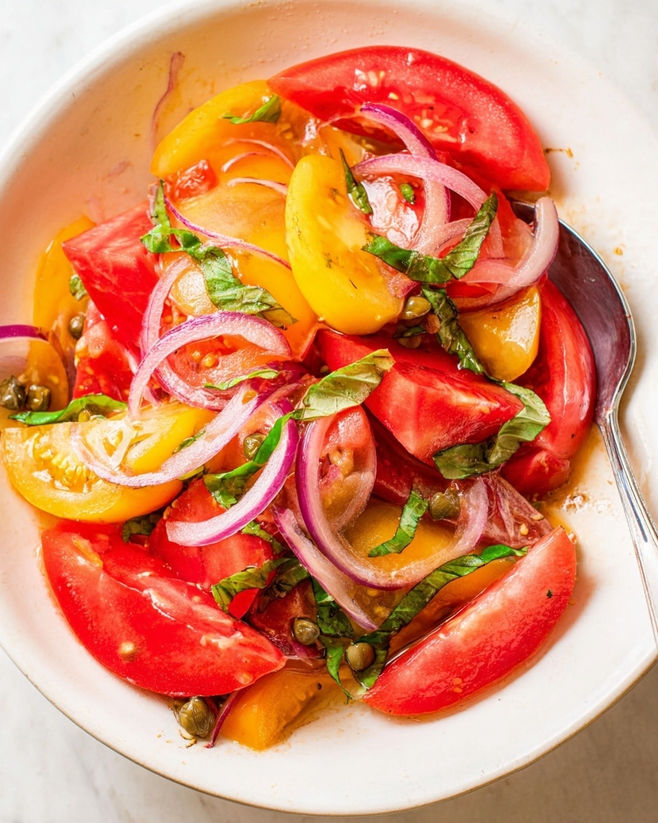 A fresh salad inside a white bowl on a white marbled surface, showing layers of thick tomato wedges in bright red with juicy texture mixed with slices of yellow tomatoes. Thin slices of red onion with a slightly translucent purple color are scattered throughout. Small green basil leaves and capers dot the salad, adding specks of green. A silver spoon is partially visible on the right side, resting in the bowl among the colorful ingredients. The image captures the vibrant freshness and mix of colors and textures in the salad. photo taken with an iphone --ar 4:5 --v 7