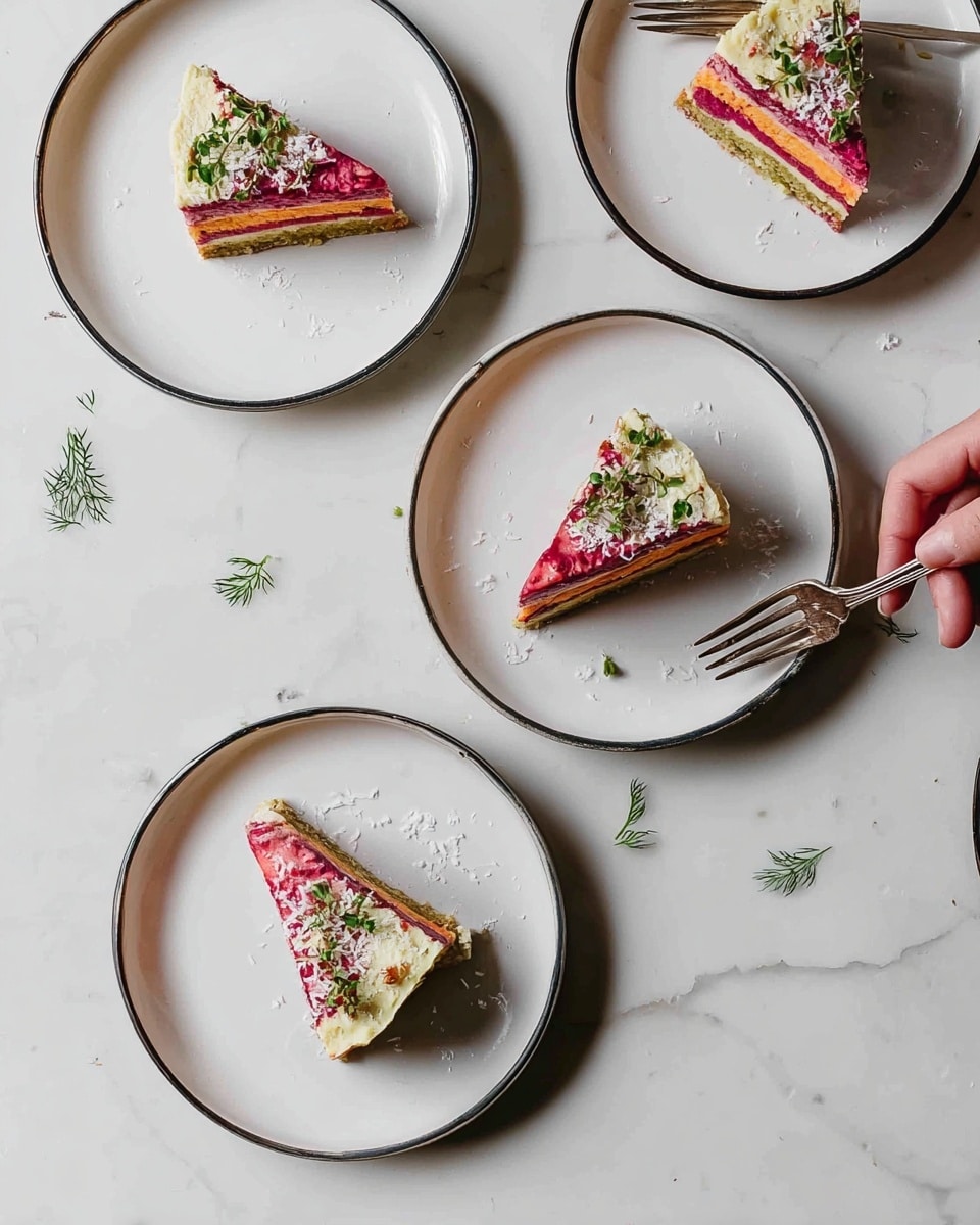 There are four white round plates with thin black rims, each holding a single slice of a layered dish. The dish has three visible layers: a bottom pinkish-red layer, a middle orange-red layer, and a top pale creamy yellow layer, topped with small green herb sprigs and some grated white garnish. Each slice is triangular and placed toward the center of the plates. Two plates have vintage silver forks resting on their edges, one held by a woman's hand, and small green herb sprigs are scattered lightly around the plates on a white marbled surface. Photo taken with an iphone --ar 4:5 --v 7