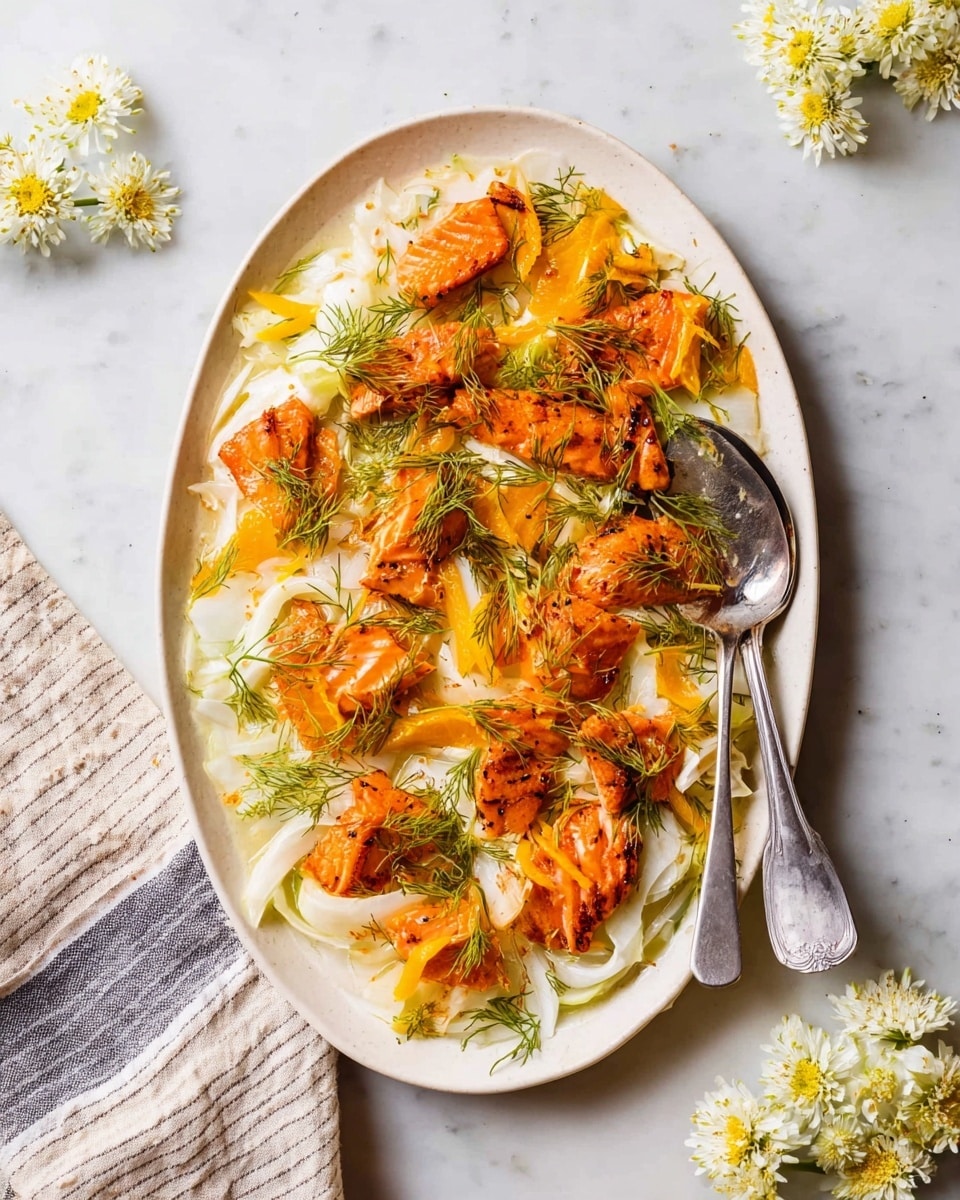 A white oval plate sits on a white marbled surface, filled with a layered dish starting with a base of thin, pale, slightly translucent slices of fennel spread evenly across the plate. On top of the fennel, bright orange cooked salmon pieces are scattered around, showing crispy browned edges and tender flaky texture inside. Bright yellow-orange citrus segments, likely orange or tangerine slices, are placed among the salmon pieces, adding fresh color contrast. Light green delicate fennel fronds are sprinkled over the entire dish, giving a fresh, feathery decoration. At the right edge of the plate, two metallic spoons rest against the food. In the background, a bunch of small white flowers and a white plate stack can be partially seen, along with a striped cloth on the lower left corner. Photo taken with an iphone --ar 4:5 --v 7