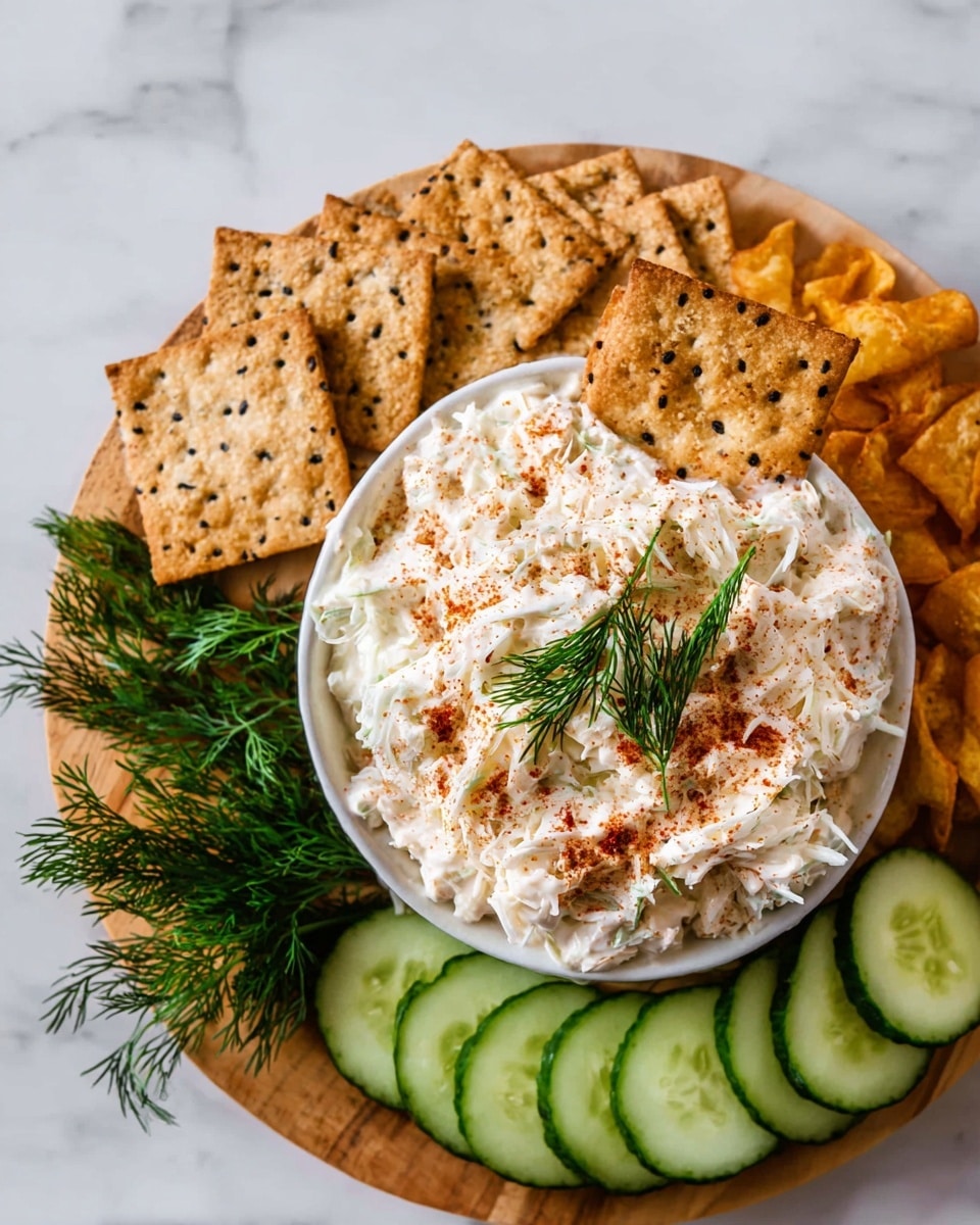 A round white bowl filled with creamy dip topped with shredded white pieces and sprinkled with red spice, garnished with two sprigs of fresh dill placed in the center, sitting on a round wooden board. Around the bowl, there are several square, light brown crackers with black sesame seeds on top, bright green cucumber slices arranged in overlapping layers, fresh green dill sprigs, and some golden-brown, crispy chips. The whole setup is on a white marbled surface. photo taken with an iphone --ar 4:5 --v 7