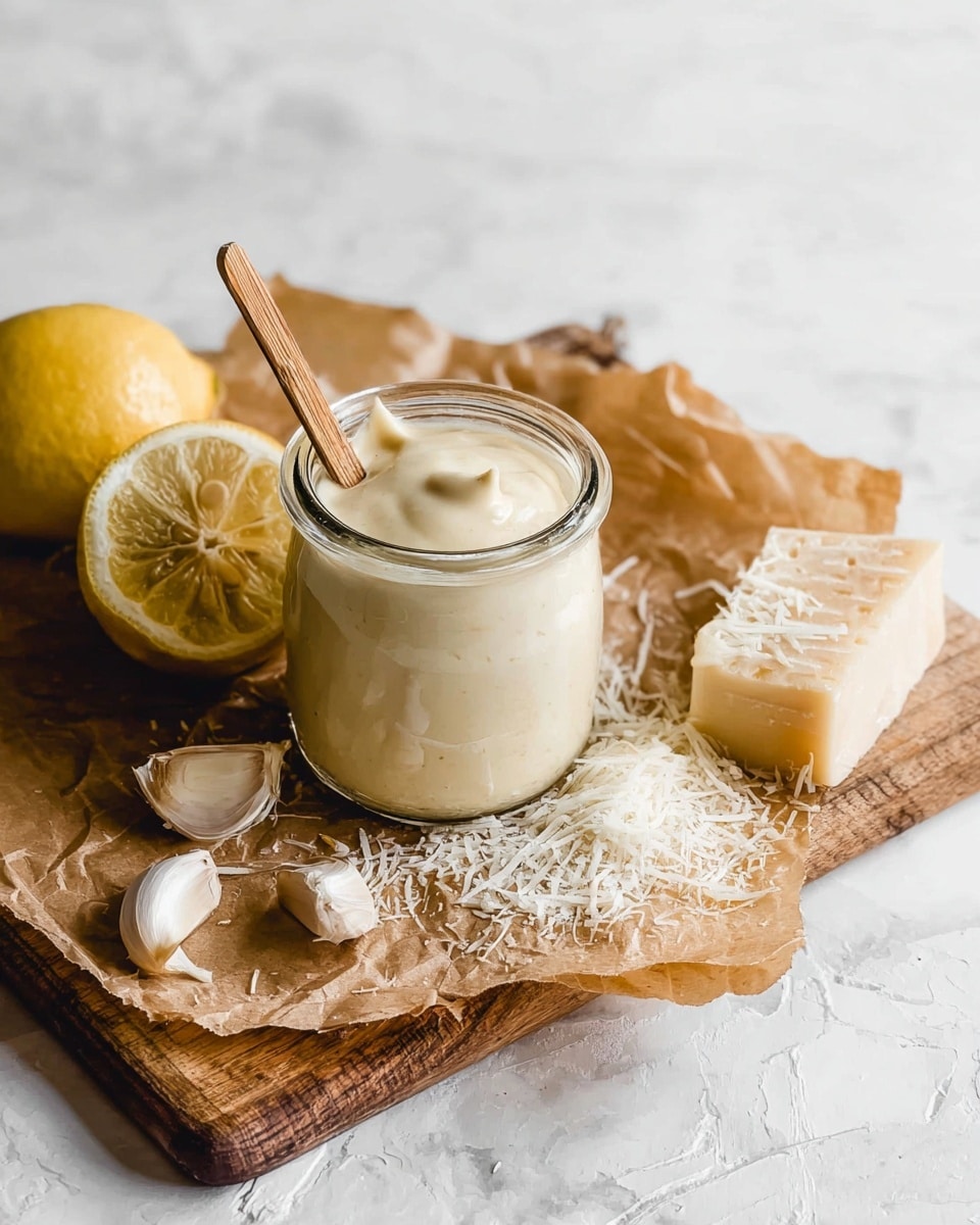 A small clear glass jar filled with thick, creamy light beige sauce sits on crinkled brown parchment paper on a wooden board. A thin wooden stick is placed inside the jar. To the left of the jar, there is a halved squeezed lemon with a bright yellow color, and two garlic cloves resting on a small block of light brown cheese. White grated cheese is scattered both on the parchment paper and the wooden board. The scene is set on a white marbled surface. photo taken with an iphone --ar 4:5 --v 7