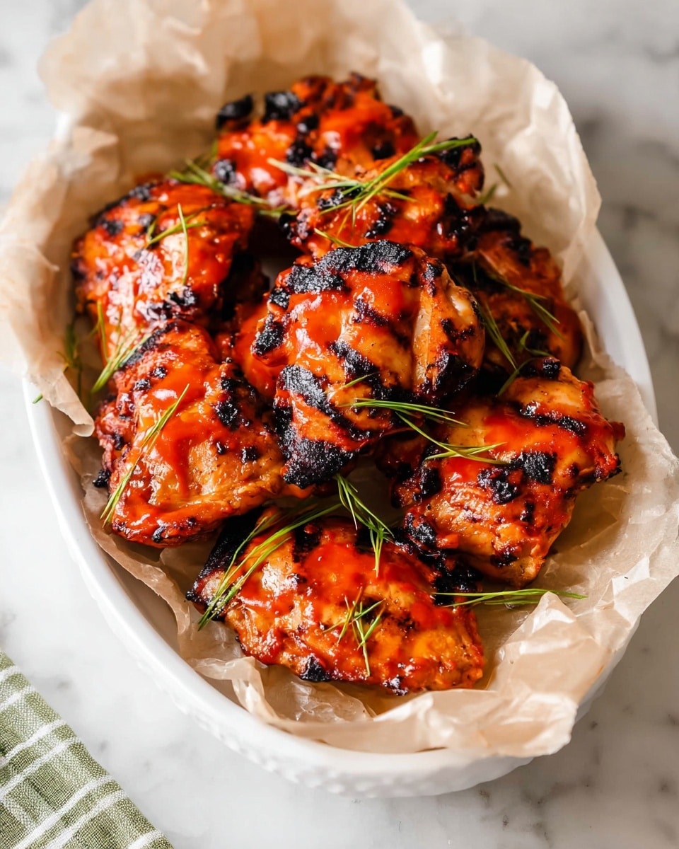 The image shows a white oval dish lined with crumpled parchment paper, filled with about eight grilled chicken thighs layered in a pile. Each chicken piece has a bright reddish-orange sauce coating with dark, almost black, crispy char marks scattered across the surface. The texture of the chicken is juicy and slightly shiny from the sauce. Green chive pieces are sprinkled on top of the chicken, adding a fresh color contrast. In the background, there is a white marbled surface faintly visible. photo taken with an iphone --ar 4:5 --v 7