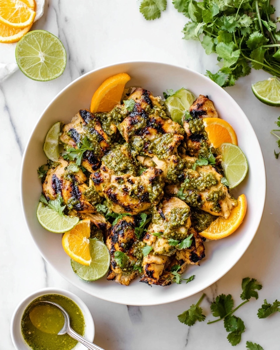 The image shows a white bowl filled with grilled chicken pieces that have a slightly charred texture and a golden-brown color. The chicken is topped with a green herb sauce and fresh cilantro leaves scattered on top. There are thin slices of lime and orange placed both inside the bowl mixed with the chicken, and around the edges. The bowl sits on a white marbled surface with some fresh cilantro and halved limes and oranges nearby. A small white bowl with extra green sauce and a silver spoon is placed close to the main bowl. Photo taken with an iphone --ar 4:5 --v 7