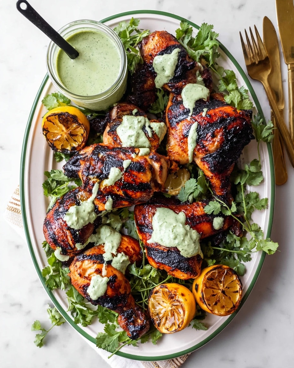 A white oval plate with a green rim holds several pieces of grilled chicken that are charred in black and dark brown with bright orange-red parts, arranged with three grilled lemon halves showing brown grill marks and a separate glass jar filled with creamy, pale green sauce with herbs visible, and a spoon inside. The chicken pieces are layered on fresh green cilantro, with some sauce drizzled over them and garnished with small cilantro leaves. Two gold forks with black handles rest on the side of the plate. The surface underneath is a white marbled texture, and a white cloth with gray stripes is partially visible near the plate. photo taken with an iphone --ar 4:5 --v 7