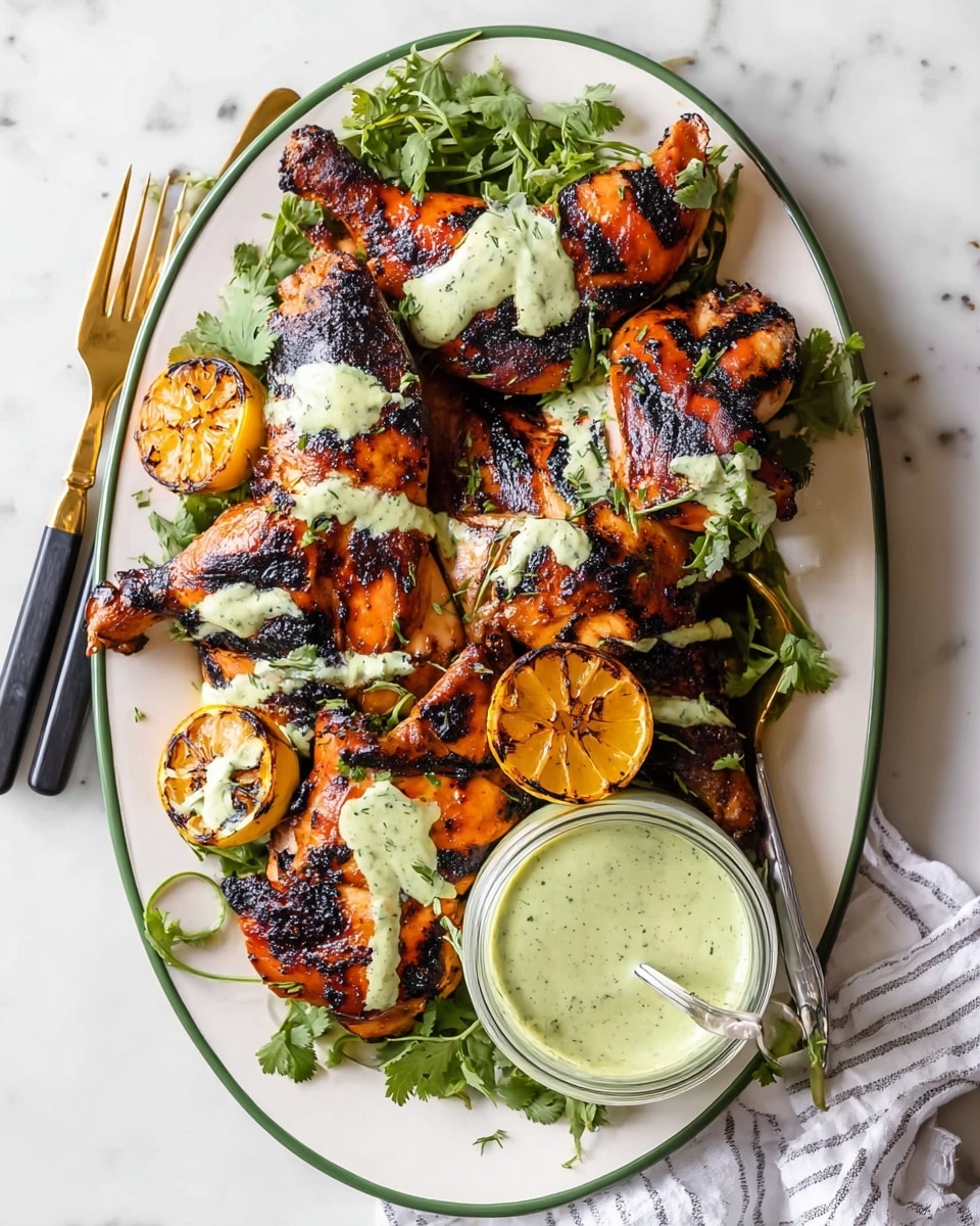 A white oval plate with a green rim holds several charred grilled chicken pieces arranged closely. The chicken has a deep burnt black and reddish orange color on the skin, showing grill marks and a smoky texture. Drizzled over the chicken is a light green creamy sauce, spotted with small herbs. Fresh green cilantro leaves are spread on and around the chicken, adding a bright touch. Two grilled lemon halves, golden with char marks, sit at the bottom right side of the plate. Near the top left, a glass jar filled with the same green sauce has a black spoon inside. Two gold fork and knife rest on the right edge of the plate, all placed on a white marbled surface. photo taken with an iphone --ar 4:5 --v 7
