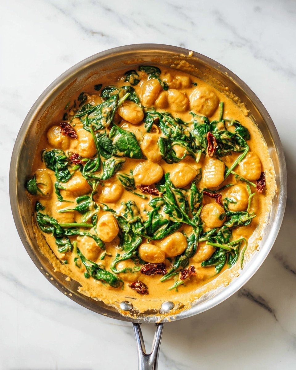 A pan filled with a creamy orange sauce mixed with golden gnocchi and bright green spinach leaves. The sauce coats the gnocchi and spinach evenly, with some sun-dried tomato pieces adding small dark red spots throughout. The pan has a shiny metal handle, and it sits on a white marbled surface, showing some sauce splatters on the pan edges. photo taken with an iphone --ar 4:5 --v 7