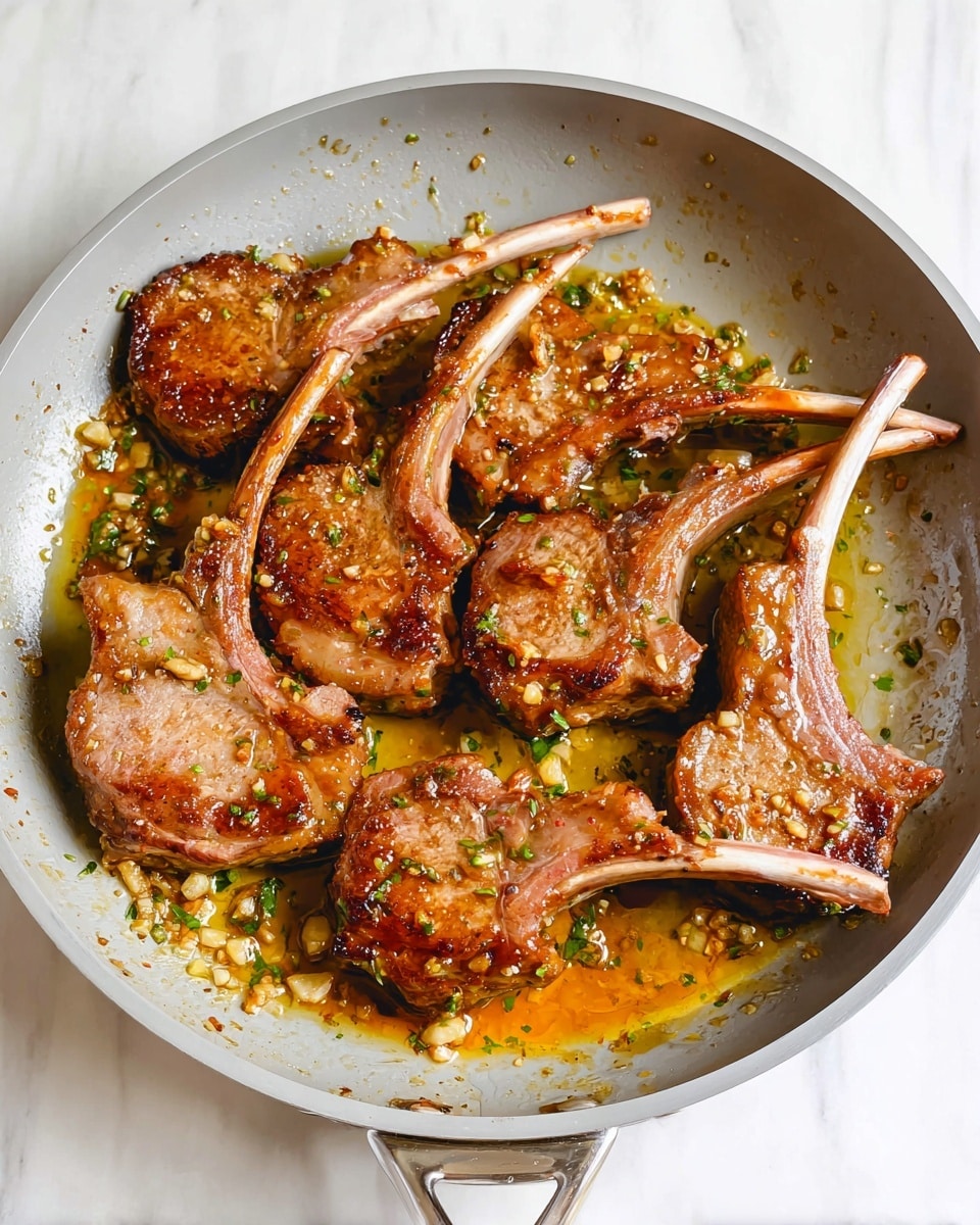 A light grey pan contains eight cooked lamb chops arranged in a loose circle, some overlapping. The lamb chops have a golden-brown exterior with a shiny glaze that reflects the light. Bits of chopped garlic and herbs are scattered on and around the meat, mixed with a small pool of golden cooking oil at the bottom of the pan. The meat's bone ends are pale and bare, contrasting with the richly colored, slightly caramelized meat. The pan sits on a white marbled surface. Photo taken with an iphone --ar 4:5 --v 7