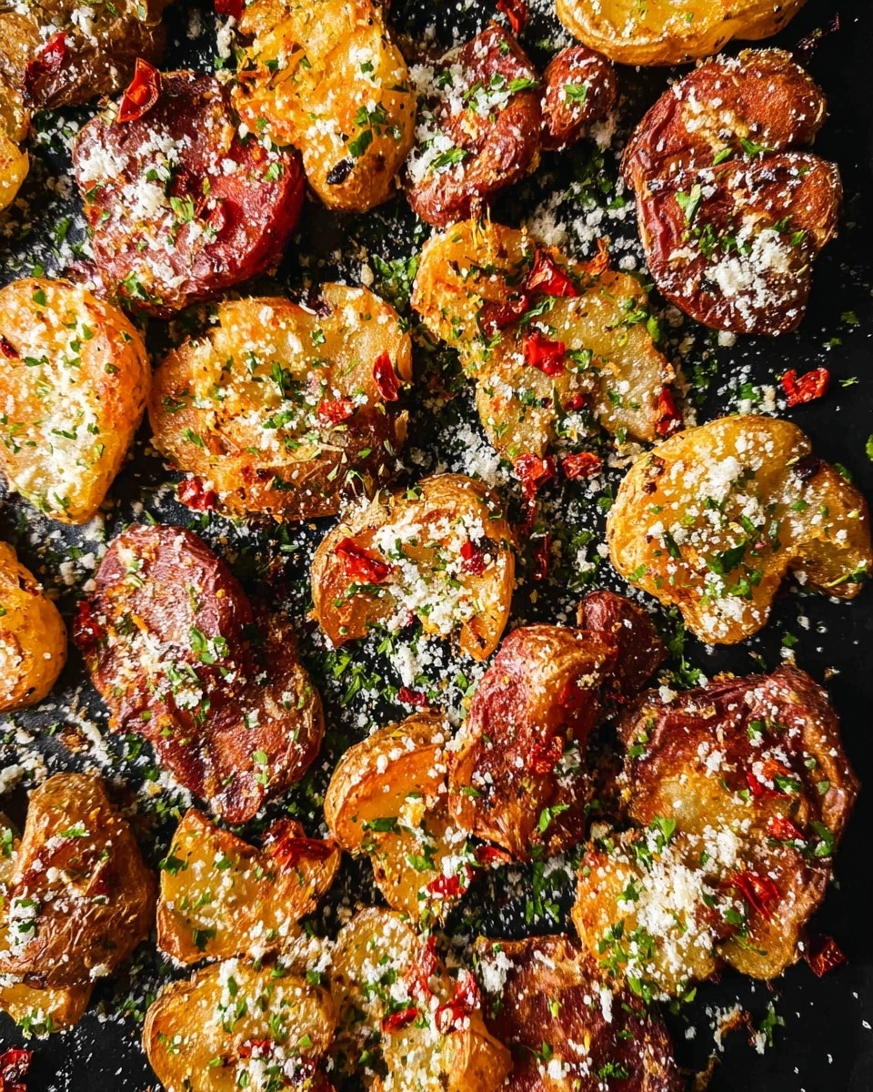 The image shows a close-up of smashed roasted potatoes spread out on a dark tray with a white marbled texture background. The potatoes vary in color from golden brown to deep reddish-brown, with a crispy, uneven texture on top. They are sprinkled generously with white grated cheese and finely chopped green herbs. Small reddish bits, likely roasted peppers or seasoning, are scattered among the potatoes, adding pops of red and texture. The overall look is rustic and crunchy, with a mix of warm golden, brown, green, and red colors. Photo taken with an iphone --ar 4:5 --v 7