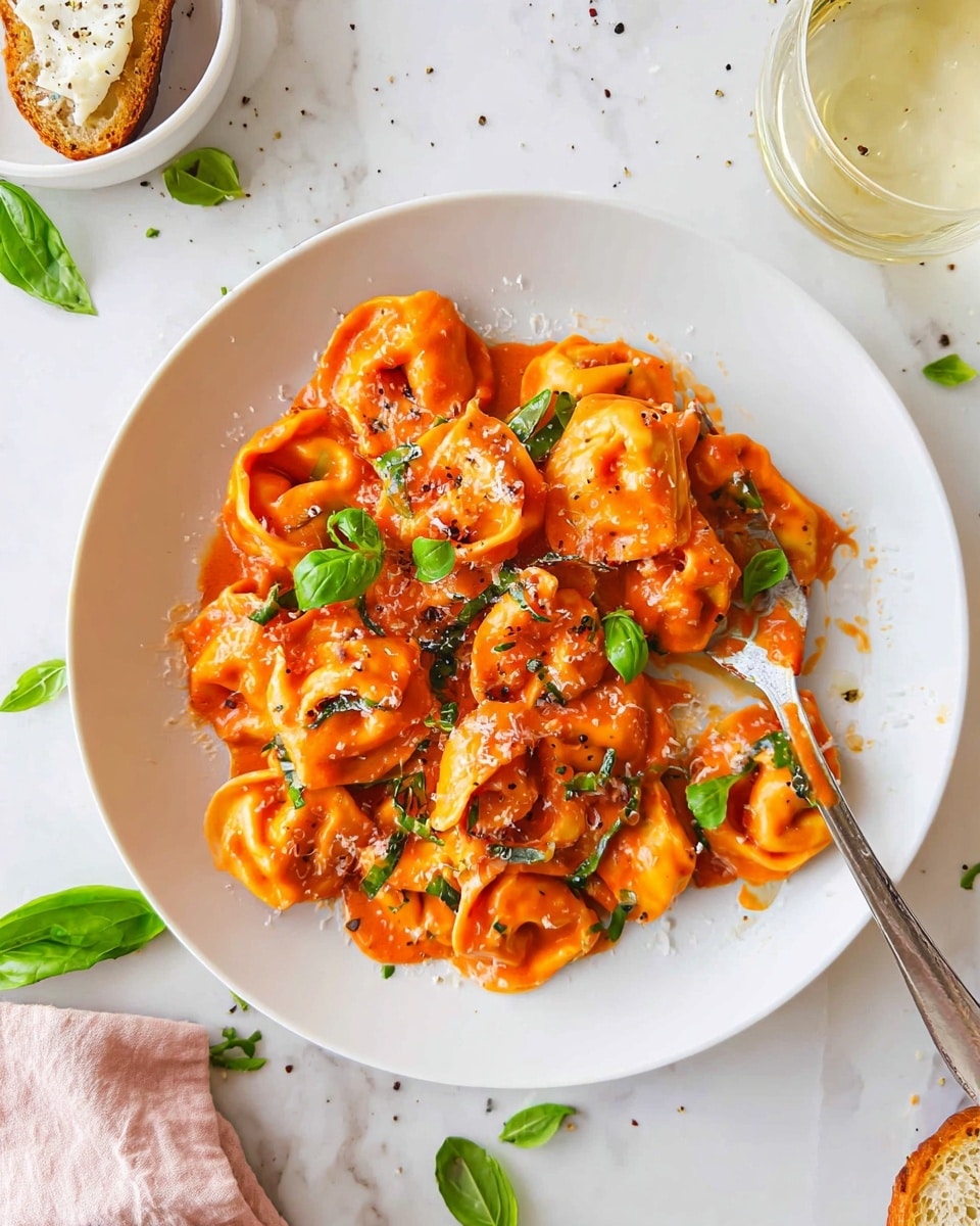 A white plate filled with one layer of tortellini pasta coated in a thick, bright orange-red tomato sauce with creamy texture. The pasta pieces are folded and plump with a smooth, glossy surface. Small green basil leaves are scattered on top and mixed within the sauce, adding a fresh green contrast. To the right side of the plate, a silver fork rests partially on the food and plate. Surrounding the plate are small scattered basil leaves and a soft white shredded texture resembling grated cheese. In the top right corner, there is a white bowl holding a small square of golden-brown toasted bread sprinkled with shredded cheese. The background is a white marbled texture with a few scattered green basil leaves and a small glass of pale yellow liquid on the left. Photo taken with an iphone --ar 4:5 --v 7