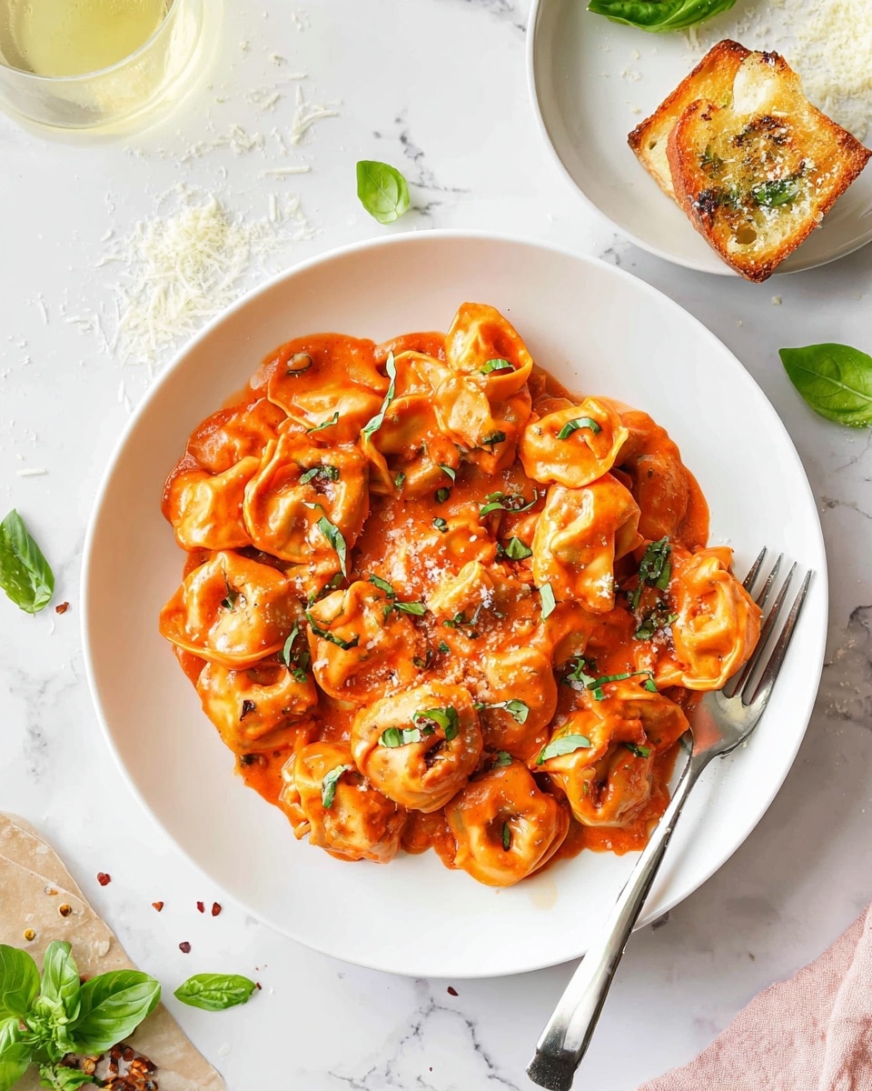 A white plate sits on a white marbled surface, filled with about two layers of tortellini pasta coated in bright orange-red tomato sauce. The pasta has a soft, slightly glossy texture with some pieces showing folds and curves typical of tortellini. Fresh green basil leaves are scattered evenly on top, adding a pop of color and freshness. There is a silver fork resting partly on the right side of the plate with some sauce on its prongs. Small sprinkles of white grated cheese cover parts of the pasta and the plate. Around the plate, scattered basil leaves and cheese shavings are visible, enhancing the casual, fresh look. In the background, a small white bowl holds a piece of bread topped with cheese and a sprinkle of black pepper, and a glass of white wine or clear drink is partly visible. Photo taken with an iphone --ar 4:5 --v 7