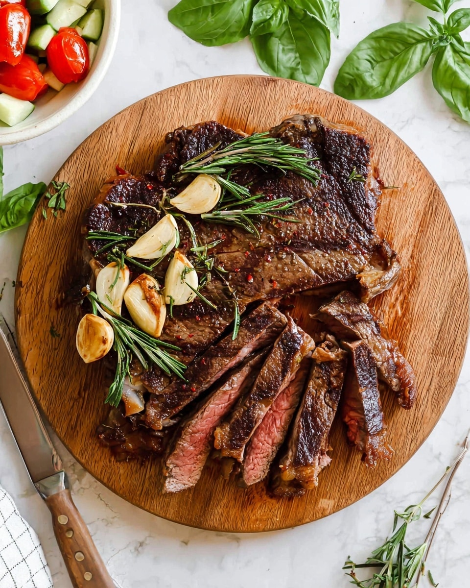 A wooden round board holds a dark brown cooked steak with visible grill marks, partly sliced to show pink, juicy inside layers arranged in a fan shape in the lower left. Whole roasted garlic cloves and fresh green rosemary sprigs are scattered on top and around the steak. The board rests on a white marbled surface, with fresh basil leaves above, and a white bowl with red tomato and green cucumber pieces in the top left. A silver fork is partially visible in the lower right. photo taken with an iphone --ar 4:5 --v 7