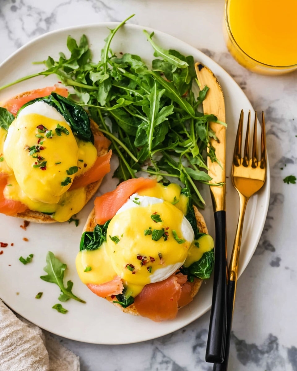 The image shows two pieces of eggs Benedict on a white plate with fresh green arugula leaves on the side. Each eggs Benedict has a base round English muffin, topped with slices of pink smoked salmon, bright green spinach leaves, a white poached egg, and a rich golden yellow hollandaise sauce drizzled on top, garnished with small bits of chopped green herbs. A golden fork and knife with black handles rest on the right side of the plate. The setting is on a white marble surface, and there is a glass of orange juice partially visible in the upper right corner. Photo taken with an iphone --ar 4:5 --v 7
