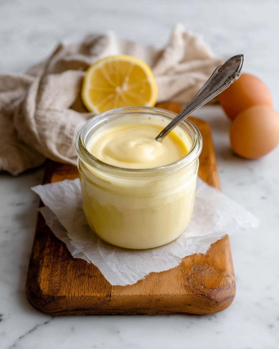 A clear glass jar filled with a smooth, pale yellow creamy sauce sits on a white parchment sheet that rests on a wooden cutting board. A silver spoon stands inside the jar, with its handle leaning slightly to the right. Behind the jar, there is a crumpled beige cloth and a halved lemon with a slightly rough texture and bright yellow color. Off to the right side of the board, two brown eggs are partially visible. The whole scene rests on a white marbled surface. photo taken with an iphone --ar 4:5 --v 7