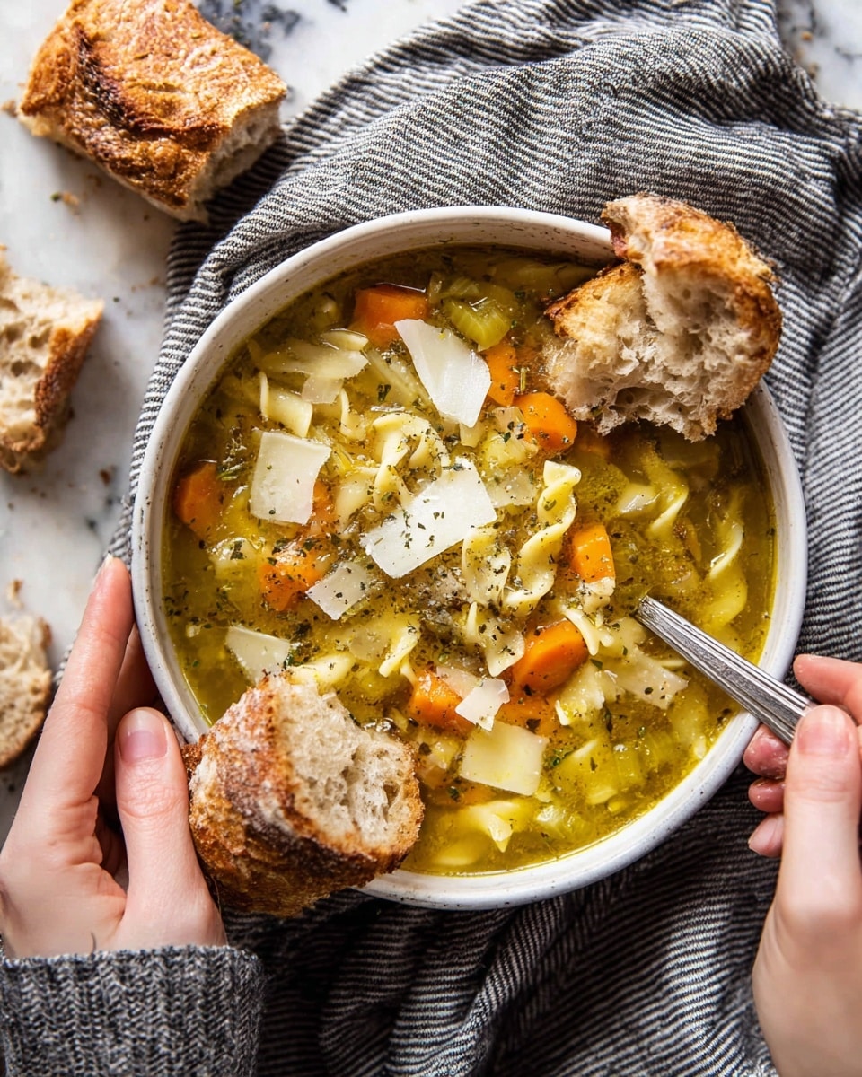 A bowl of vegetable soup filled with thick broth and pieces of yellow pasta, orange carrot slices, green celery, and herb bits. Large shavings of white cheese are scattered on top. Two pieces of crusty brown bread, one being held by a woman's hand on each side of the bowl, dip into the soup. The bowl is white and sits on a gray striped cloth over a white marbled surface. A vintage silver spoon rests inside the soup. Photo taken with an iphone --ar 4:5 --v 7