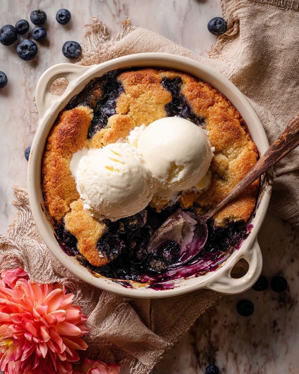 A deep round white bowl with a handle holds a warm, golden-brown cobbler with a rough, slightly cracked top layer; dark purple blueberry filling peeks through some cracks near the edges and center. On top of the cobbler sit two melting scoops of creamy vanilla ice cream, creating white and light cream patches that slowly blend into the warm fruit below. The bowl rests on a soft beige cloth, and the whole scene is set against a white marbled texture surface with scattered blueberries and a coral-pink flower in the corner. photo taken with an iphone --ar 4:5 --v 7